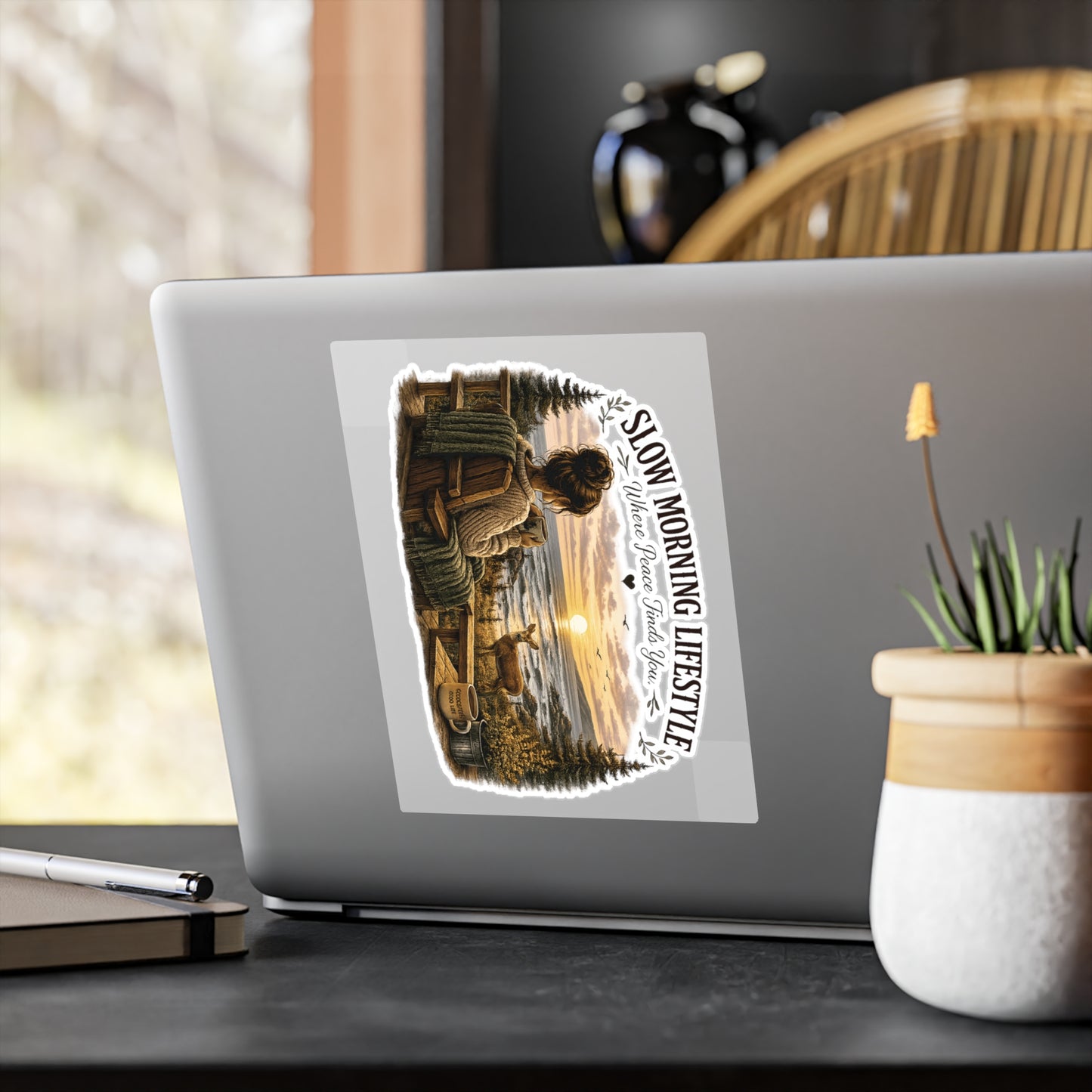 Slow Morning Lifestyle Vinyl Sticker | Coffee Lover Nature Vinyl Sticker | Where Peace Finds You Vinyl Sticker | Coastal Sunrise & Deer Design