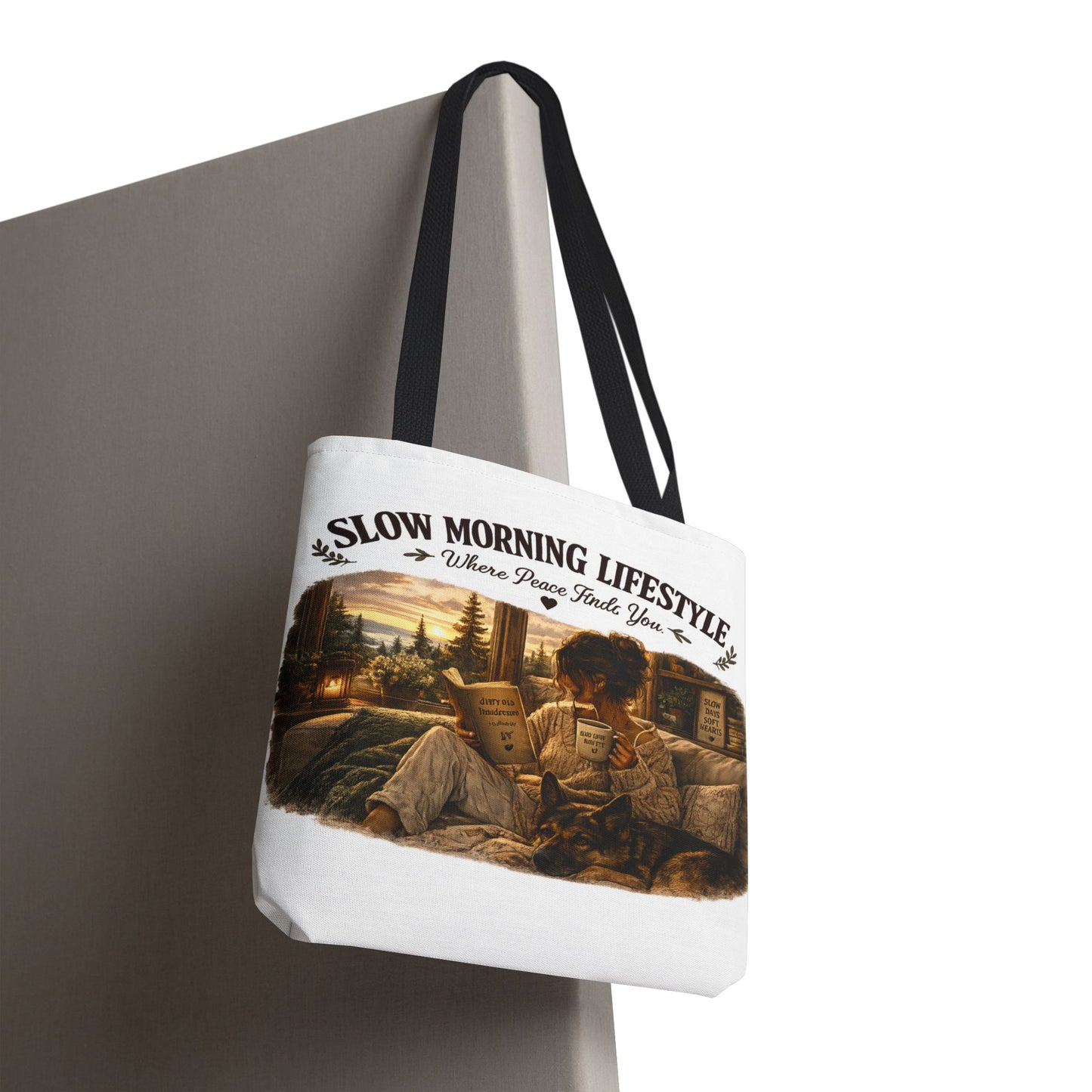 Slow Morning Lifestyle Canvas Tote | Book Lover & German Shepherd Canvas Tote | Cozy Reading and Coffee Canvas Tote