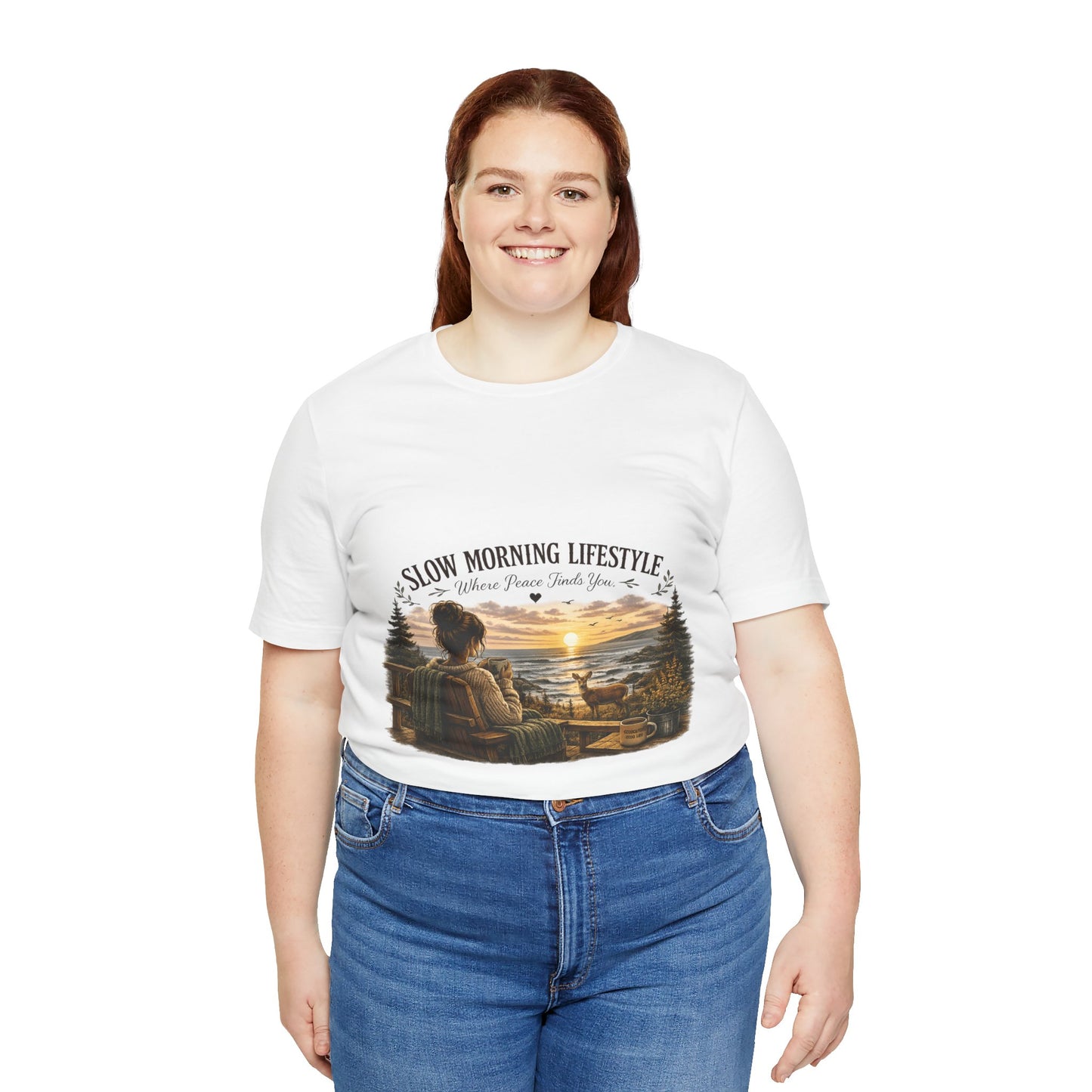 Slow Morning Lifestyle T-Shirt | Coffee Lover Nature T-Shirt | Where Peace Finds You Graphic Tee | Coastal Sunrise & Deer Design