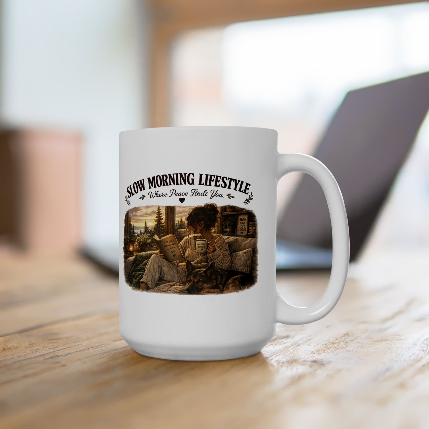 Slow Morning Lifestyle Mug | Book Lover & German Shepherd Mug | Cozy Reading and Coffee Mug