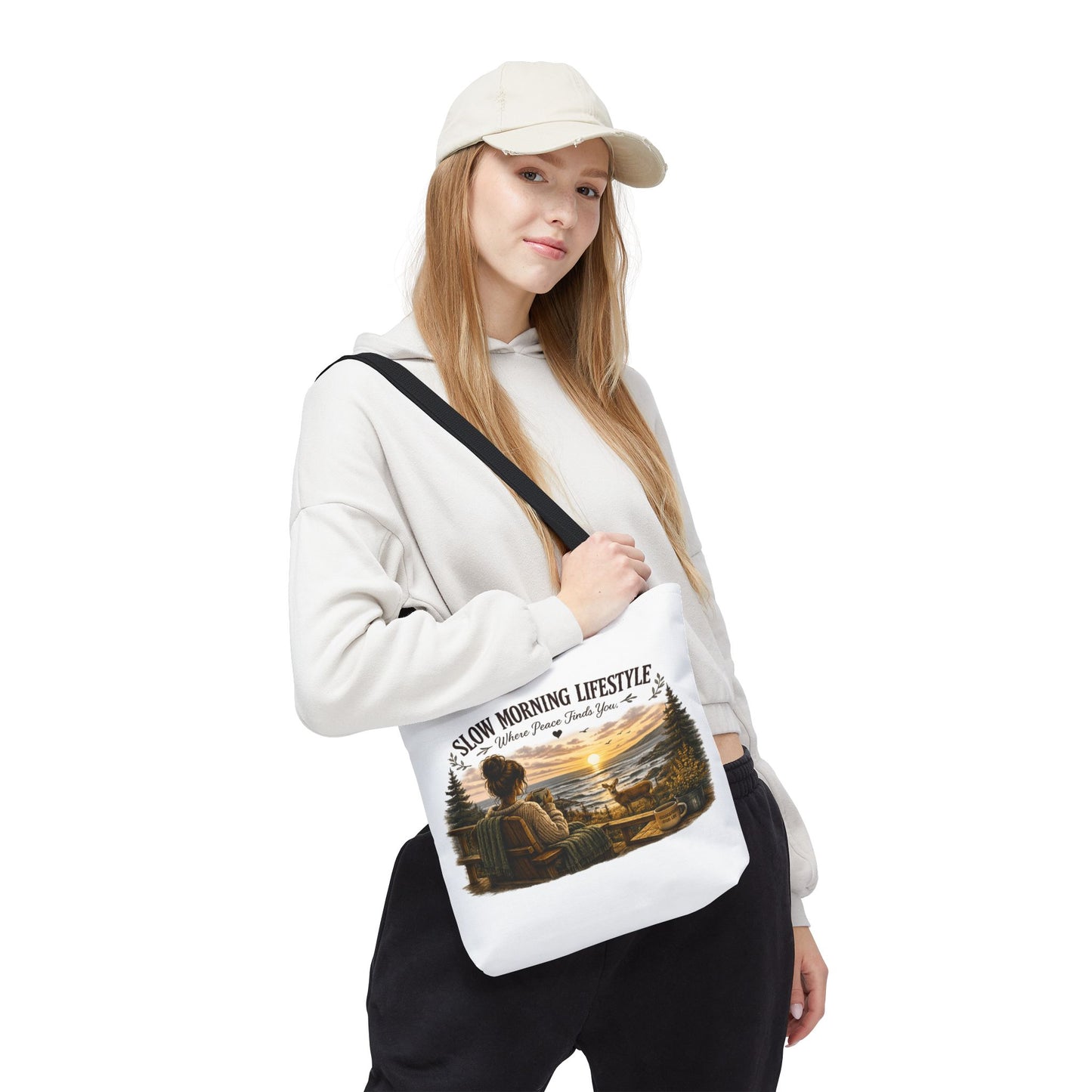 Slow Morning Lifestyle Canvas Tote | Coffee Lover Nature Canvas Tote | Where Peace Finds You Canvas Tote | Coastal Sunrise & Deer Design