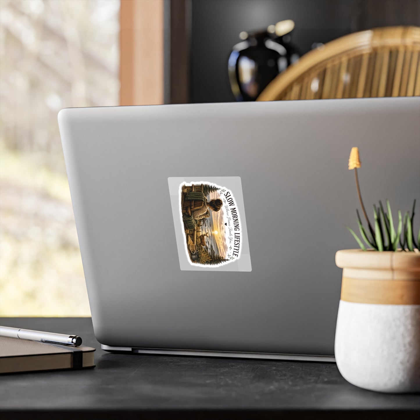 Slow Morning Lifestyle Vinyl Sticker | Coffee Lover Nature Vinyl Sticker | Where Peace Finds You Vinyl Sticker | Coastal Sunrise & Deer Design
