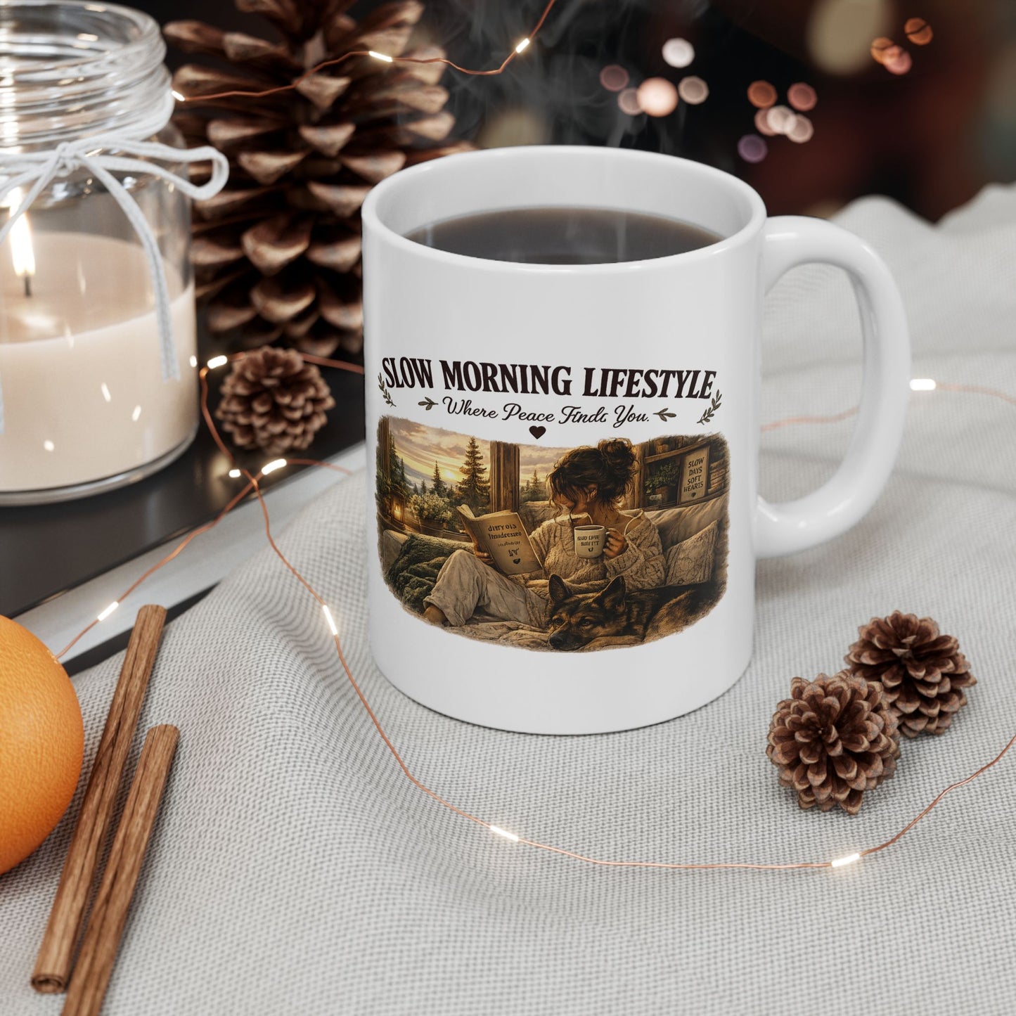 Slow Morning Lifestyle Mug | Book Lover & German Shepherd Mug | Cozy Reading and Coffee Mug