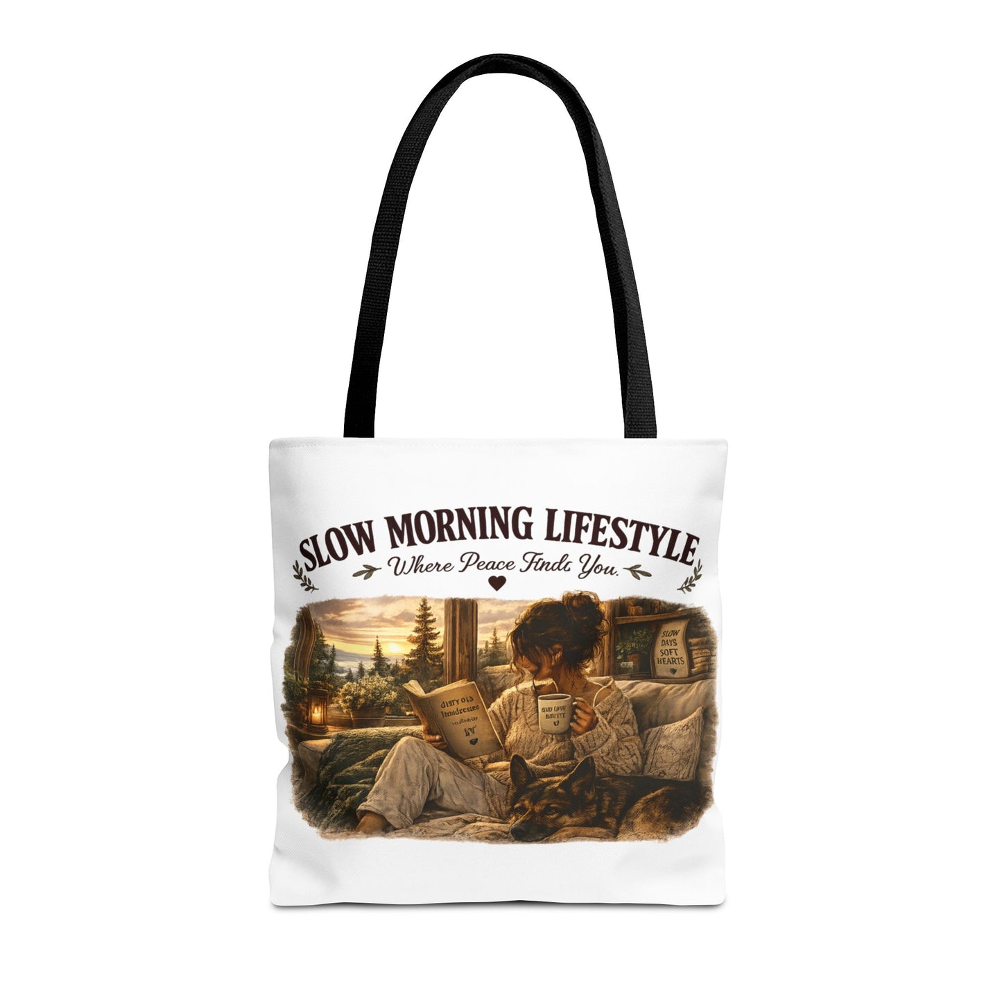 Slow Morning Lifestyle Canvas Tote | Book Lover & German Shepherd Canvas Tote | Cozy Reading and Coffee Canvas Tote