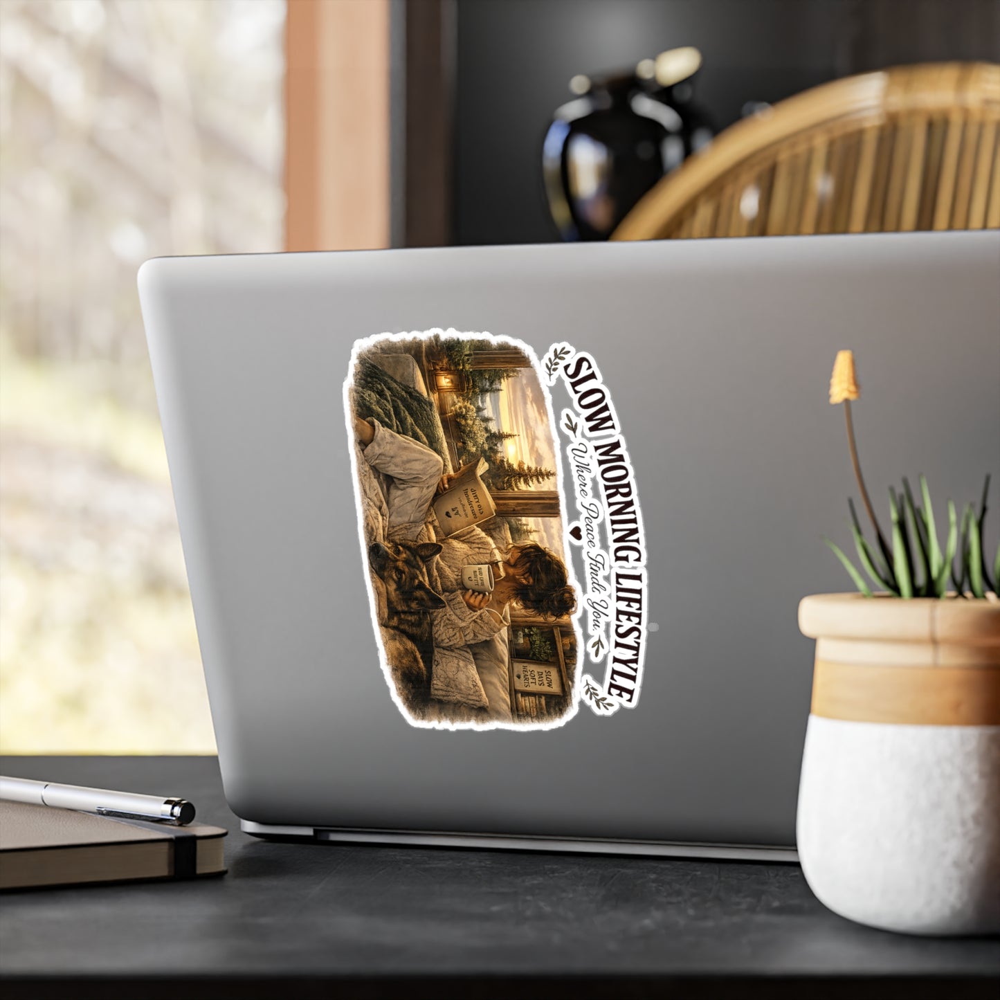 Slow Morning Lifestyle Vinyl Sticker | Book Lover & German Shepherd Vinyl Sticker | Cozy Reading and Coffee Vinyl Sticker