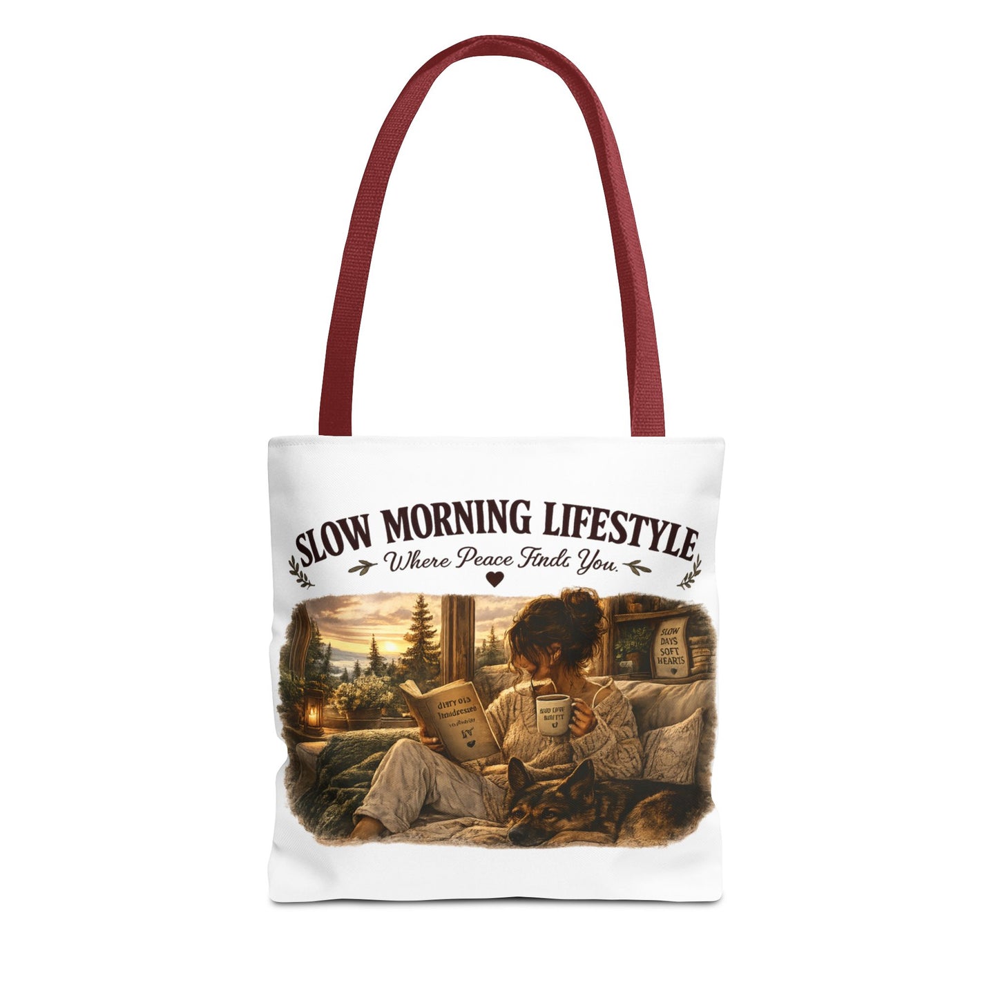 Slow Morning Lifestyle Canvas Tote | Book Lover & German Shepherd Canvas Tote | Cozy Reading and Coffee Canvas Tote