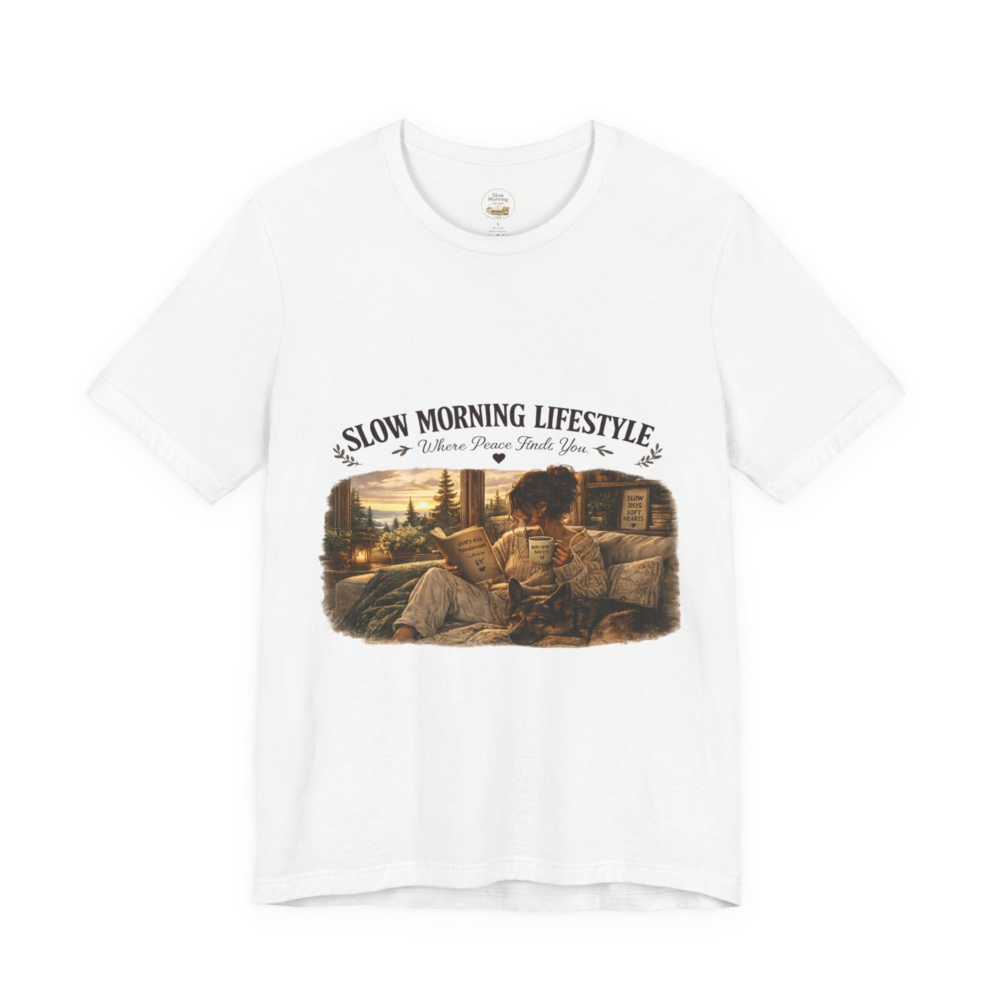 Slow Morning Lifestyle T-Shirt | Book Lover & German Shepherd T-Shirt | Cozy Reading and Coffee Graphic Tee