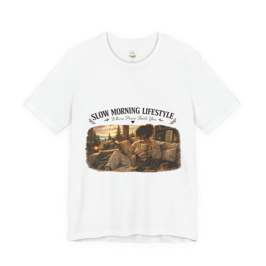 Slow Morning Lifestyle T-Shirt | Book Lover & German Shepherd T-Shirt | Cozy Reading and Coffee Graphic Tee
