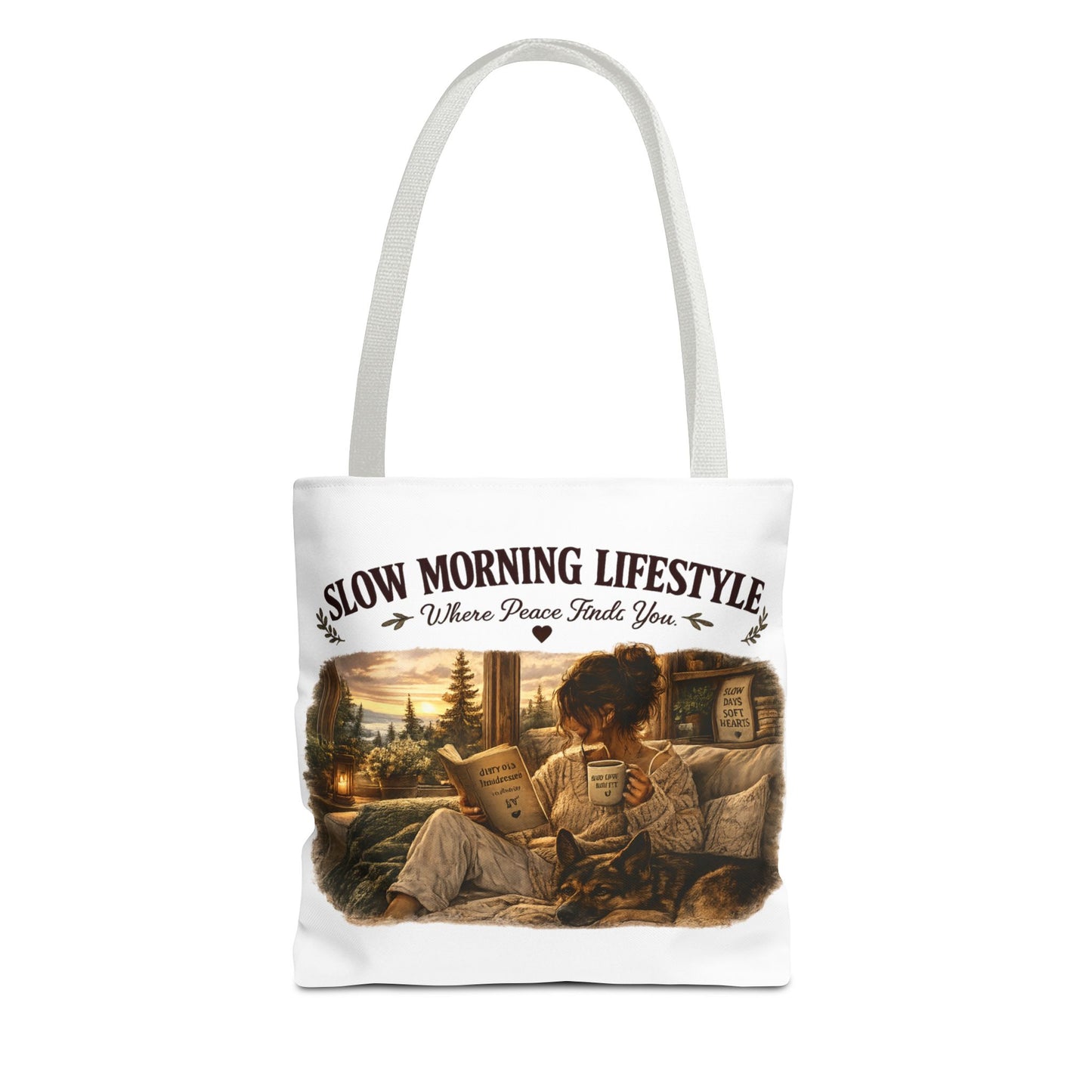 Slow Morning Lifestyle Canvas Tote | Book Lover & German Shepherd Canvas Tote | Cozy Reading and Coffee Canvas Tote
