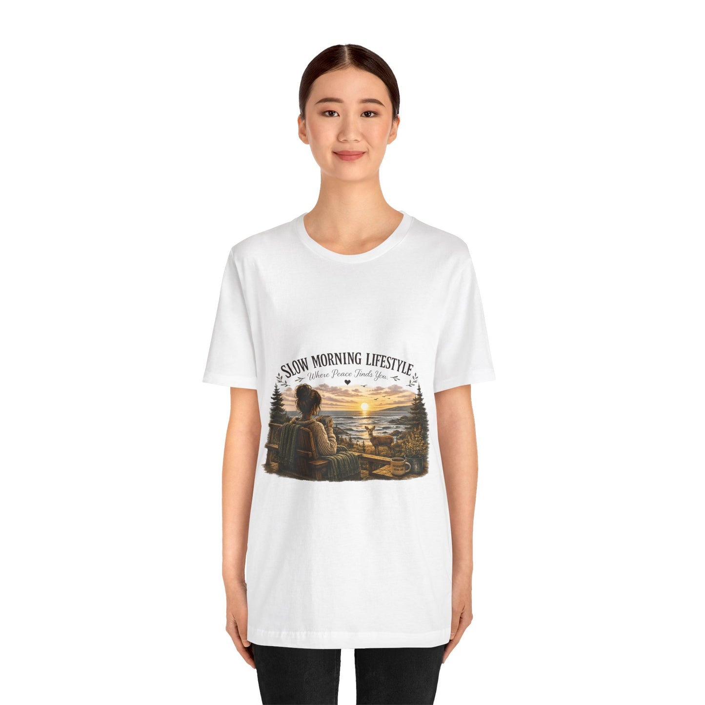 Slow Morning Lifestyle T-Shirt | Coffee Lover Nature T-Shirt | Where Peace Finds You Graphic Tee | Coastal Sunrise & Deer Design