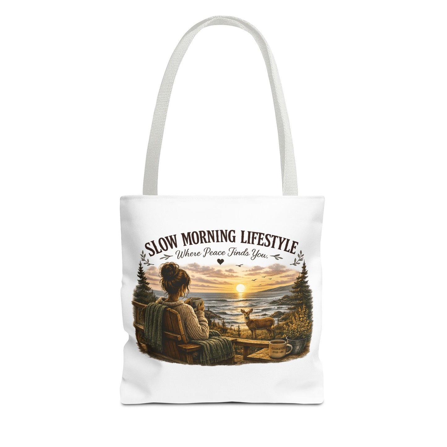 Slow Morning Lifestyle Canvas Tote | Coffee Lover Nature Canvas Tote | Where Peace Finds You Canvas Tote | Coastal Sunrise & Deer Design