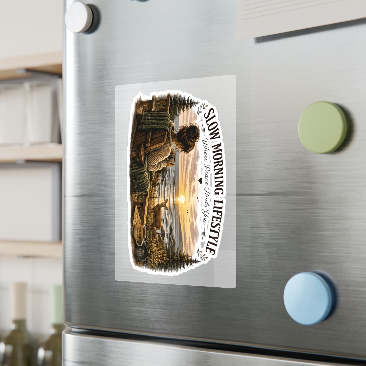 Slow Morning Lifestyle Vinyl Sticker | Coffee Lover Nature Vinyl Sticker | Where Peace Finds You Vinyl Sticker | Coastal Sunrise & Deer Design