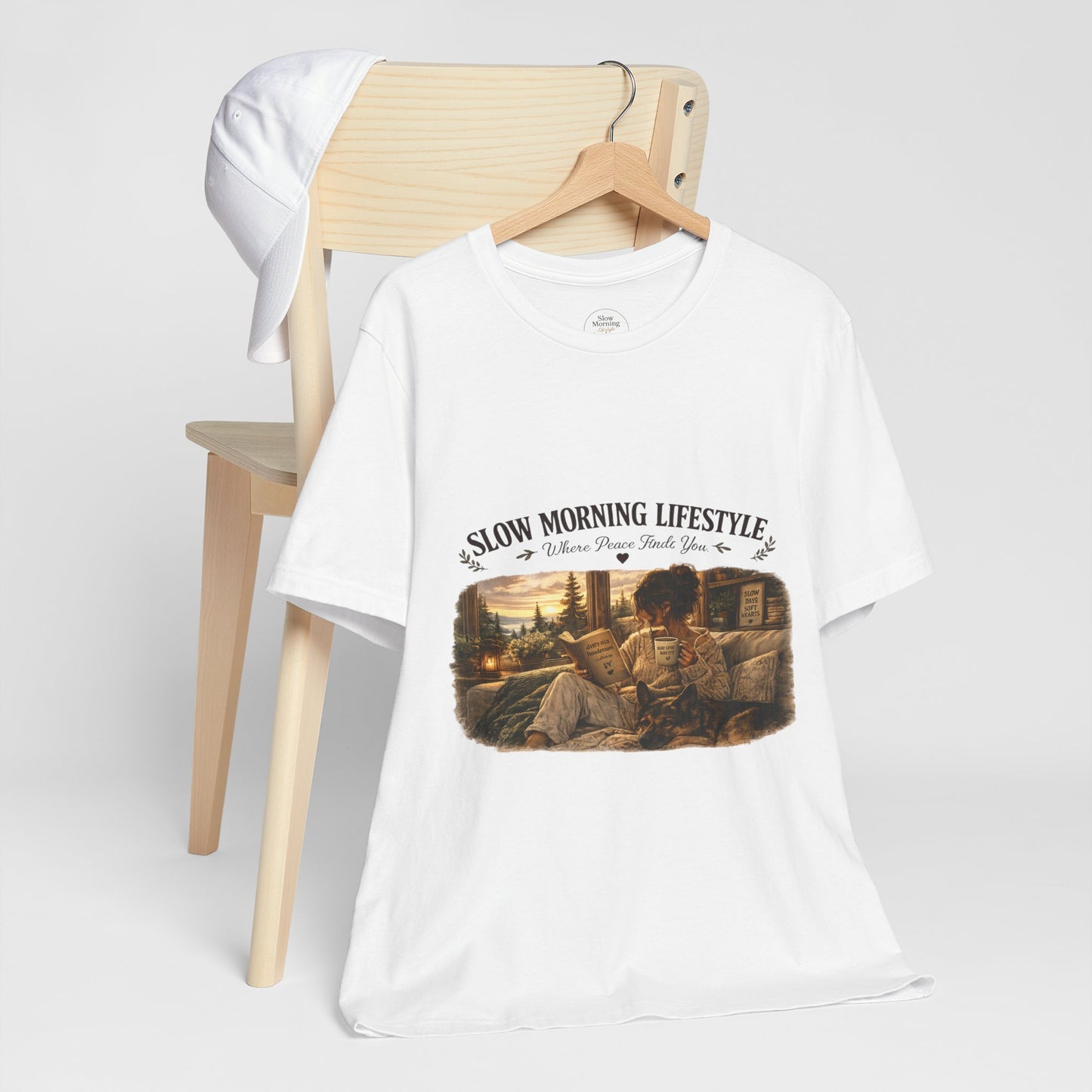 Slow Morning Lifestyle T-Shirt | Book Lover & German Shepherd T-Shirt | Cozy Reading and Coffee Graphic Tee