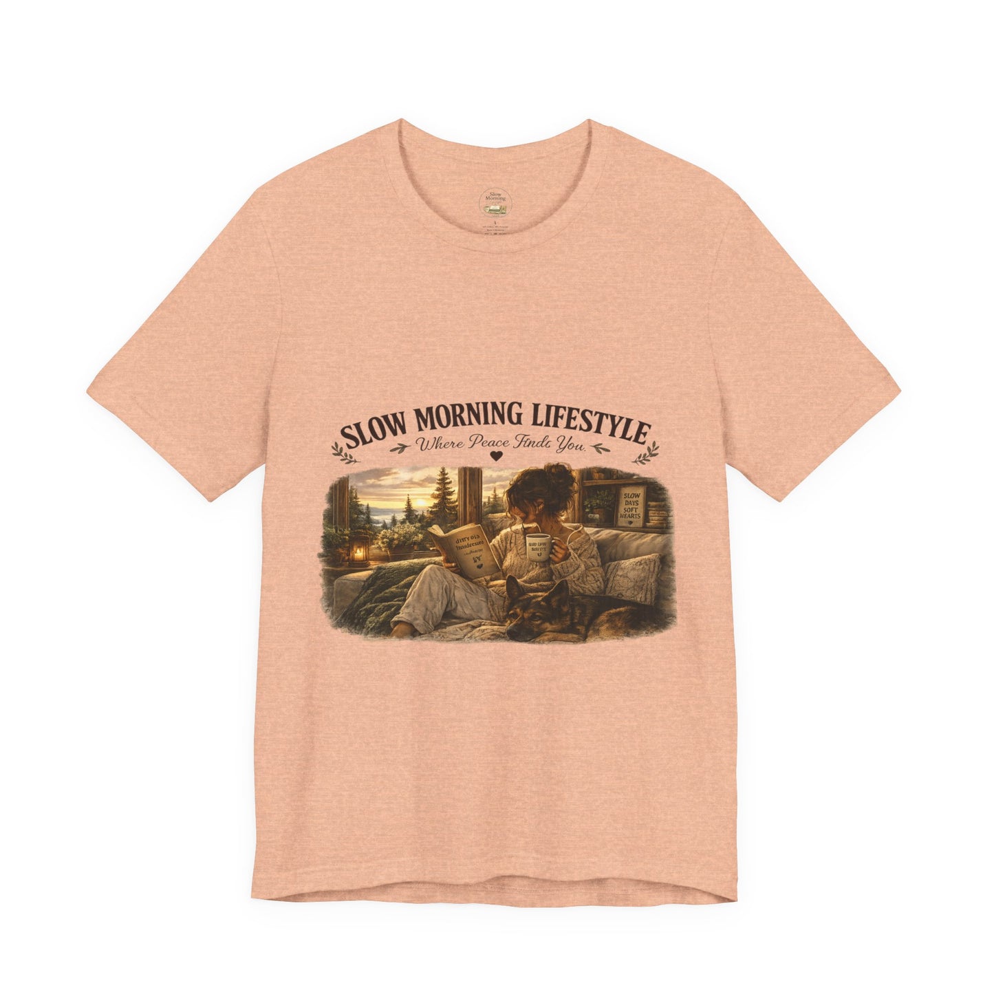 Slow Morning Lifestyle T-Shirt | Book Lover & German Shepherd T-Shirt | Cozy Reading and Coffee Graphic Tee