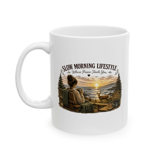 Slow Morning Lifestyle Mug| Coffee Lover Nature Mug | Where Peace Finds You Mug | Coastal Sunrise & Deer Design