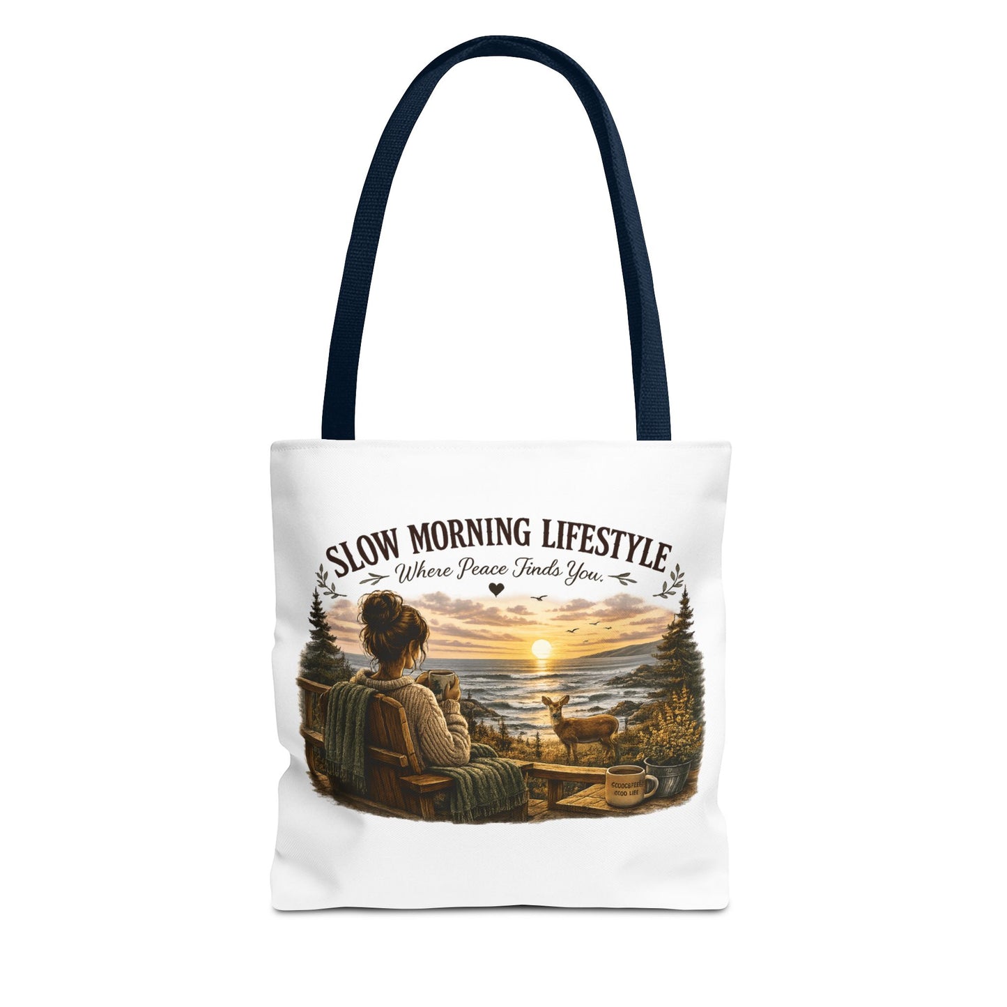 Slow Morning Lifestyle Canvas Tote | Coffee Lover Nature Canvas Tote | Where Peace Finds You Canvas Tote | Coastal Sunrise & Deer Design
