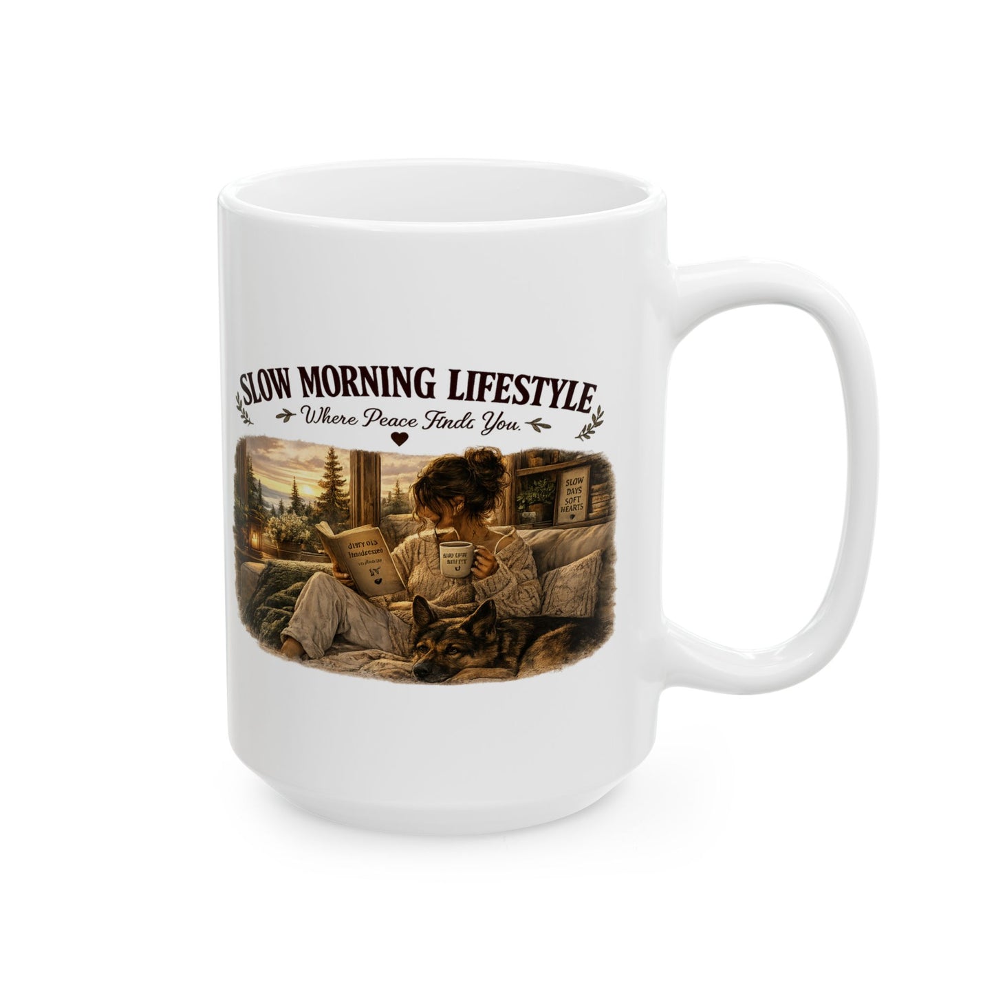 Slow Morning Lifestyle Mug | Book Lover & German Shepherd Mug | Cozy Reading and Coffee Mug