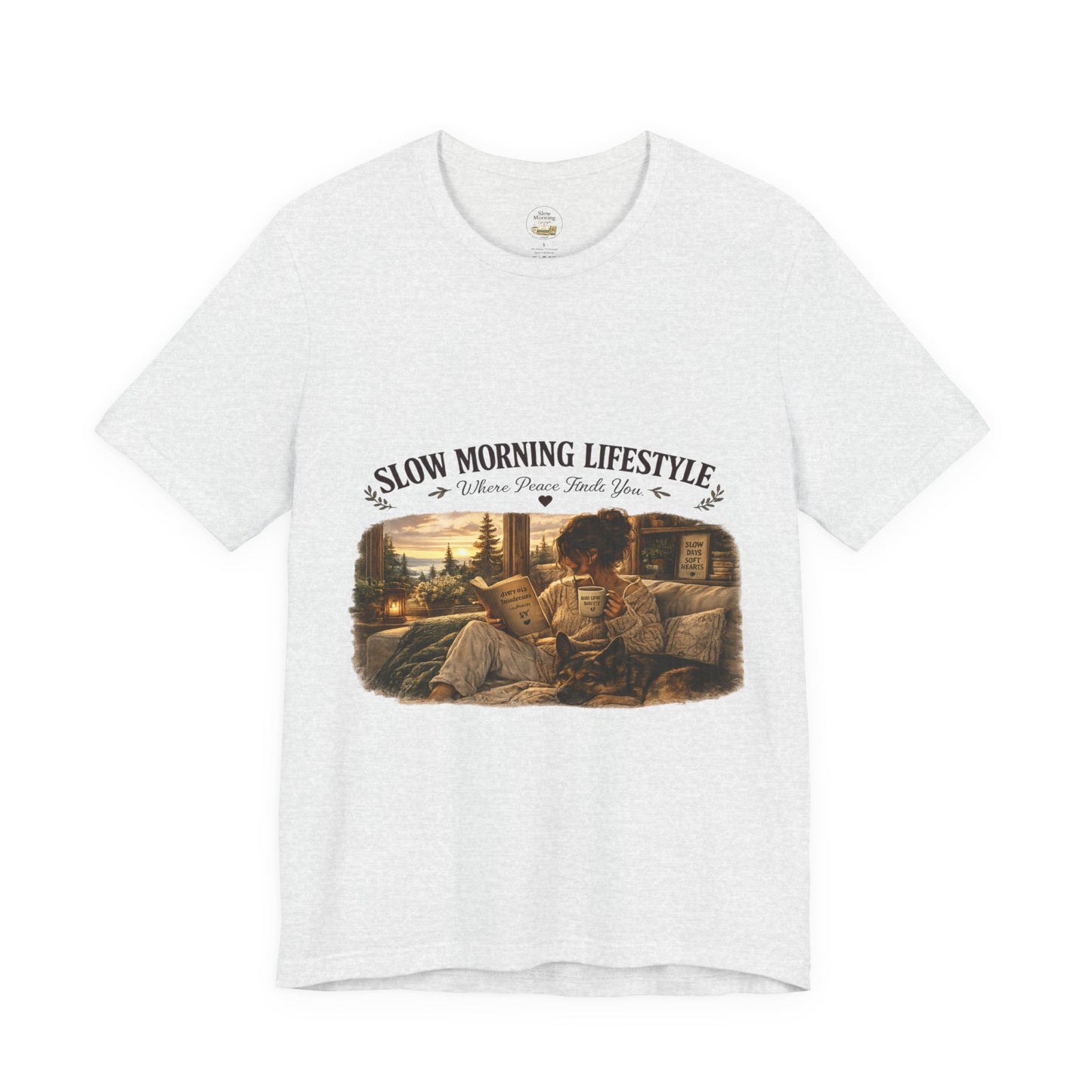 Slow Morning Lifestyle T-Shirt | Book Lover & German Shepherd T-Shirt | Cozy Reading and Coffee Graphic Tee