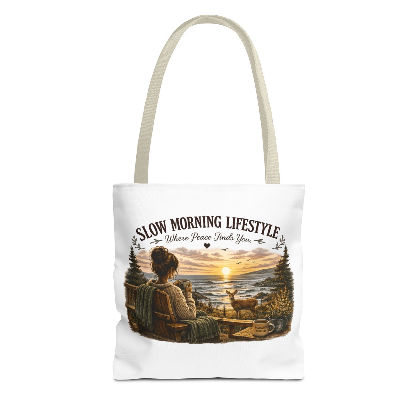 Slow Morning Lifestyle Canvas Tote | Coffee Lover Nature Canvas Tote | Where Peace Finds You Canvas Tote | Coastal Sunrise & Deer Design