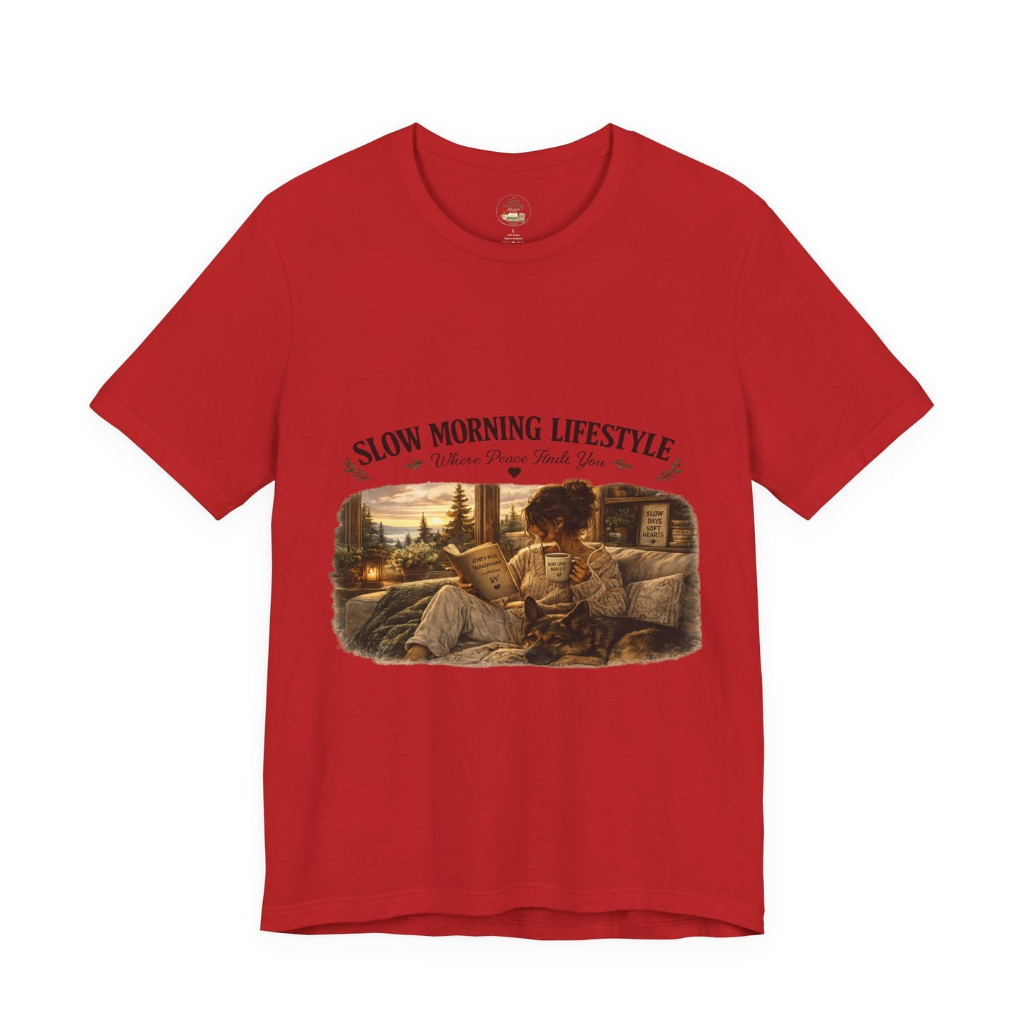 Slow Morning Lifestyle T-Shirt | Book Lover & German Shepherd T-Shirt | Cozy Reading and Coffee Graphic Tee