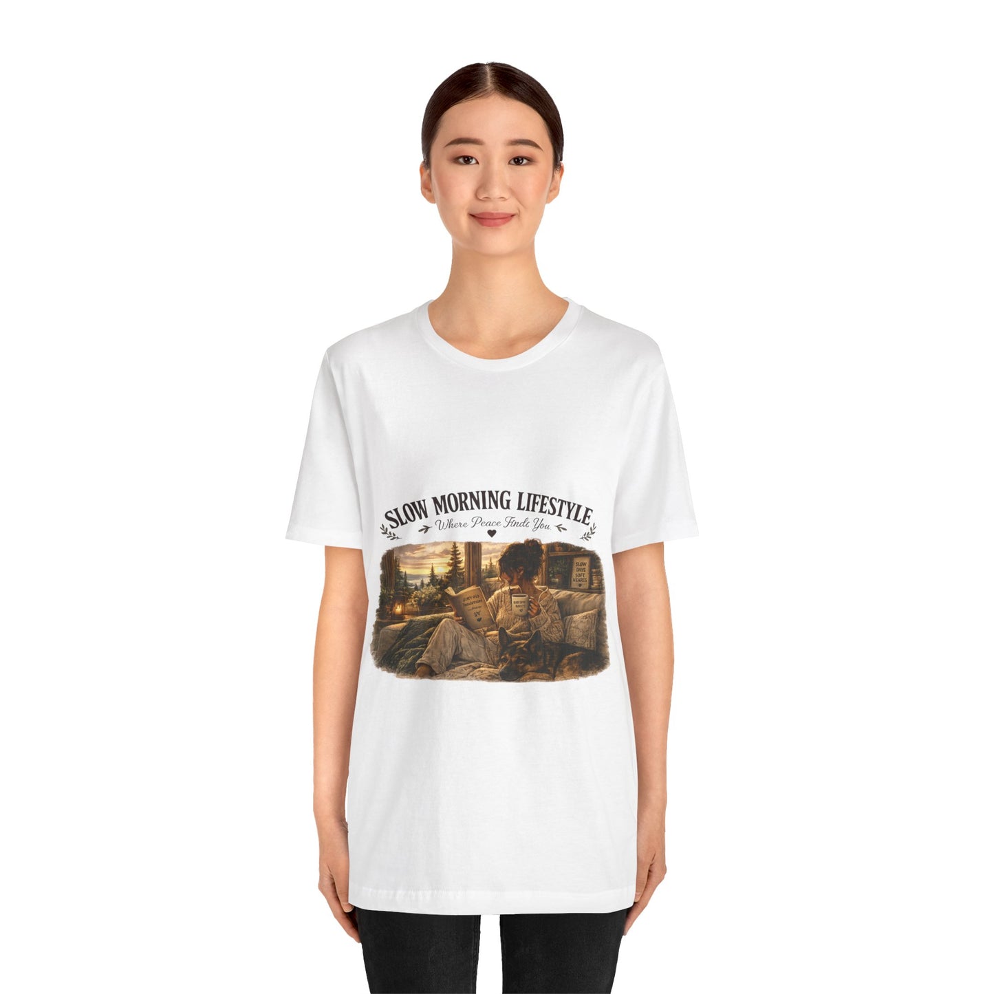 Slow Morning Lifestyle T-Shirt | Book Lover & German Shepherd T-Shirt | Cozy Reading and Coffee Graphic Tee