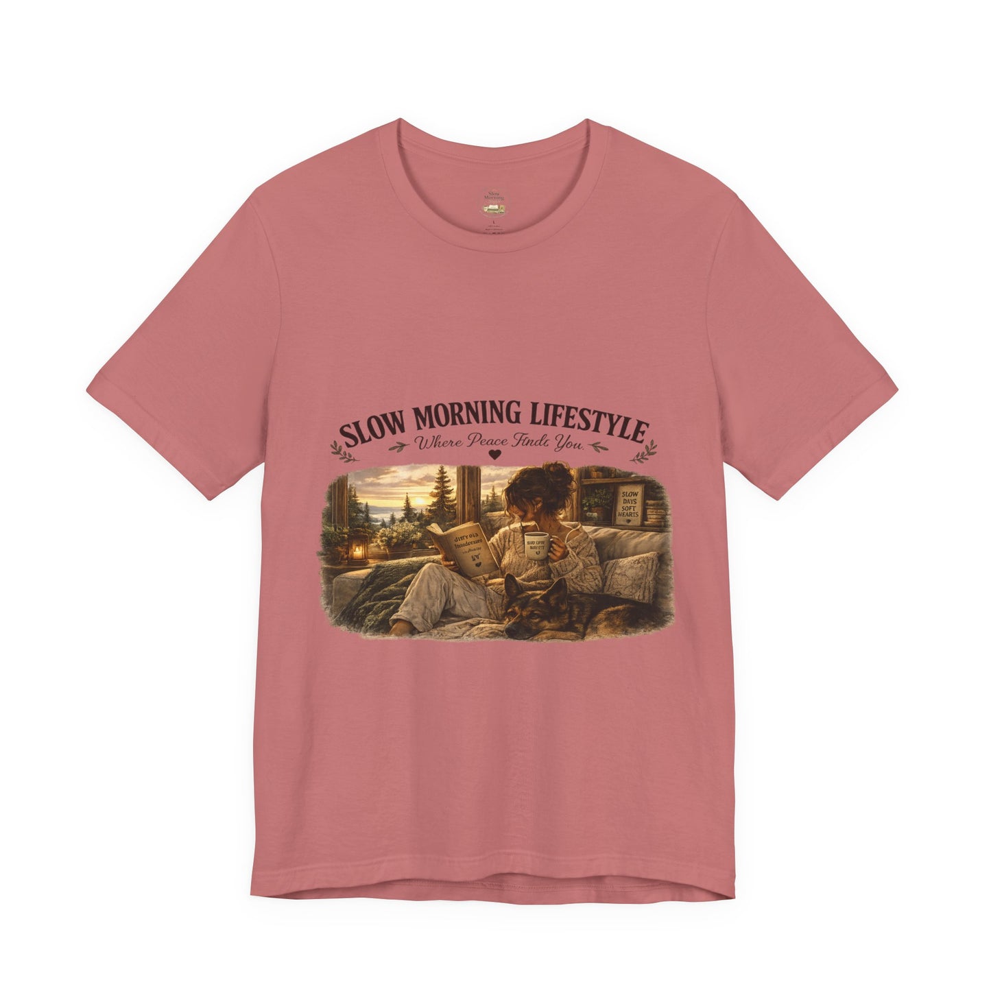 Slow Morning Lifestyle T-Shirt | Book Lover & German Shepherd T-Shirt | Cozy Reading and Coffee Graphic Tee