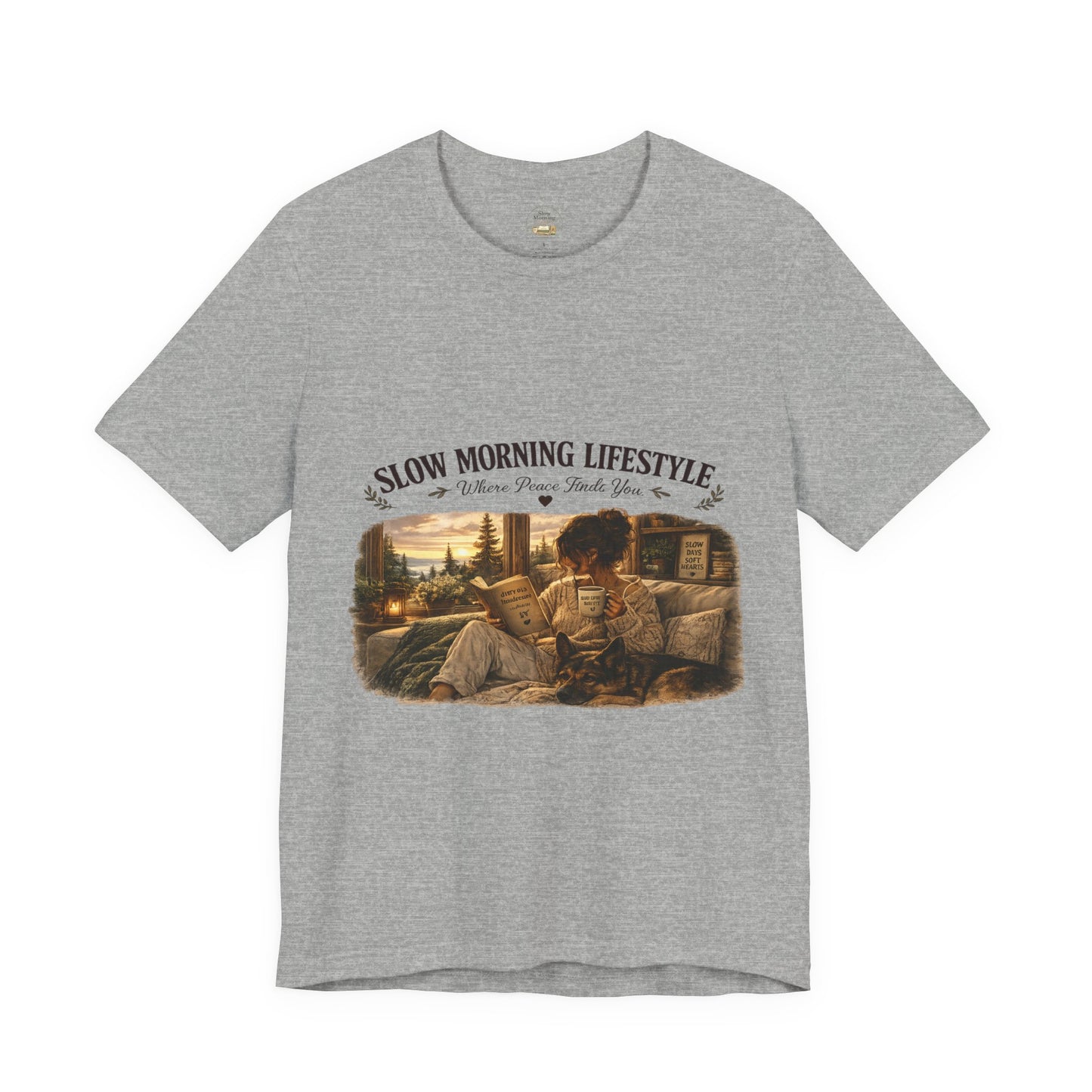 Slow Morning Lifestyle T-Shirt | Book Lover & German Shepherd T-Shirt | Cozy Reading and Coffee Graphic Tee