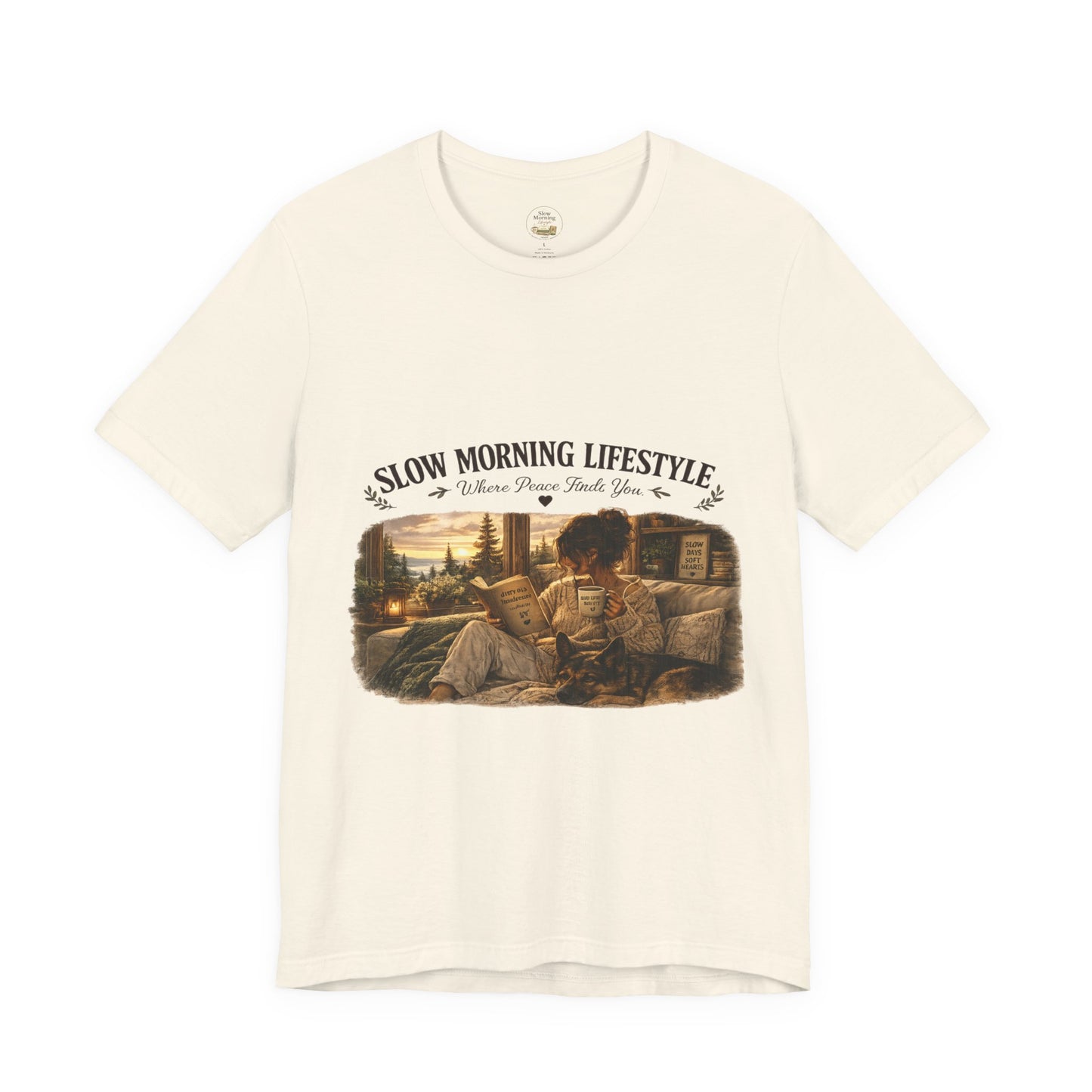 Slow Morning Lifestyle T-Shirt | Book Lover & German Shepherd T-Shirt | Cozy Reading and Coffee Graphic Tee