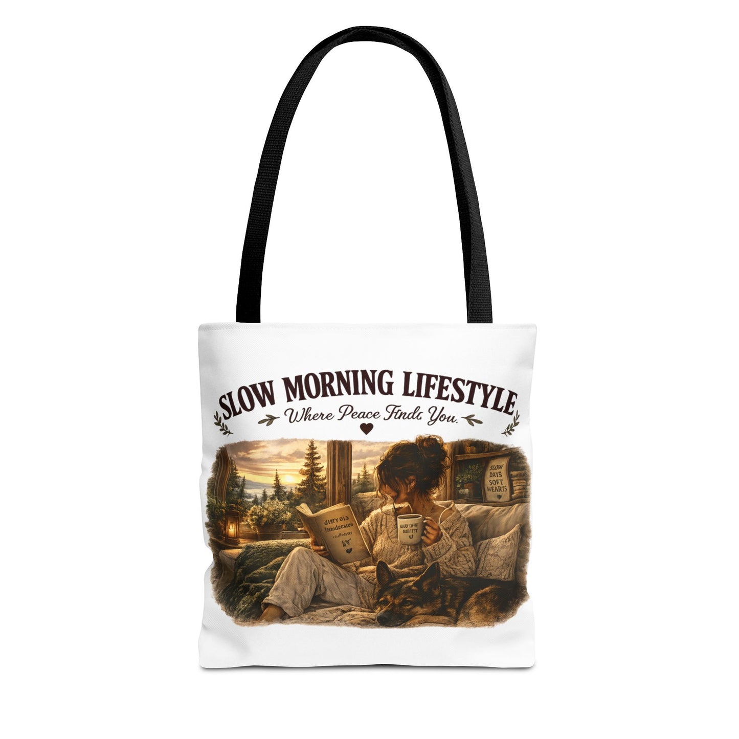 Slow Morning Lifestyle Canvas Tote | Book Lover & German Shepherd Canvas Tote | Cozy Reading and Coffee Canvas Tote