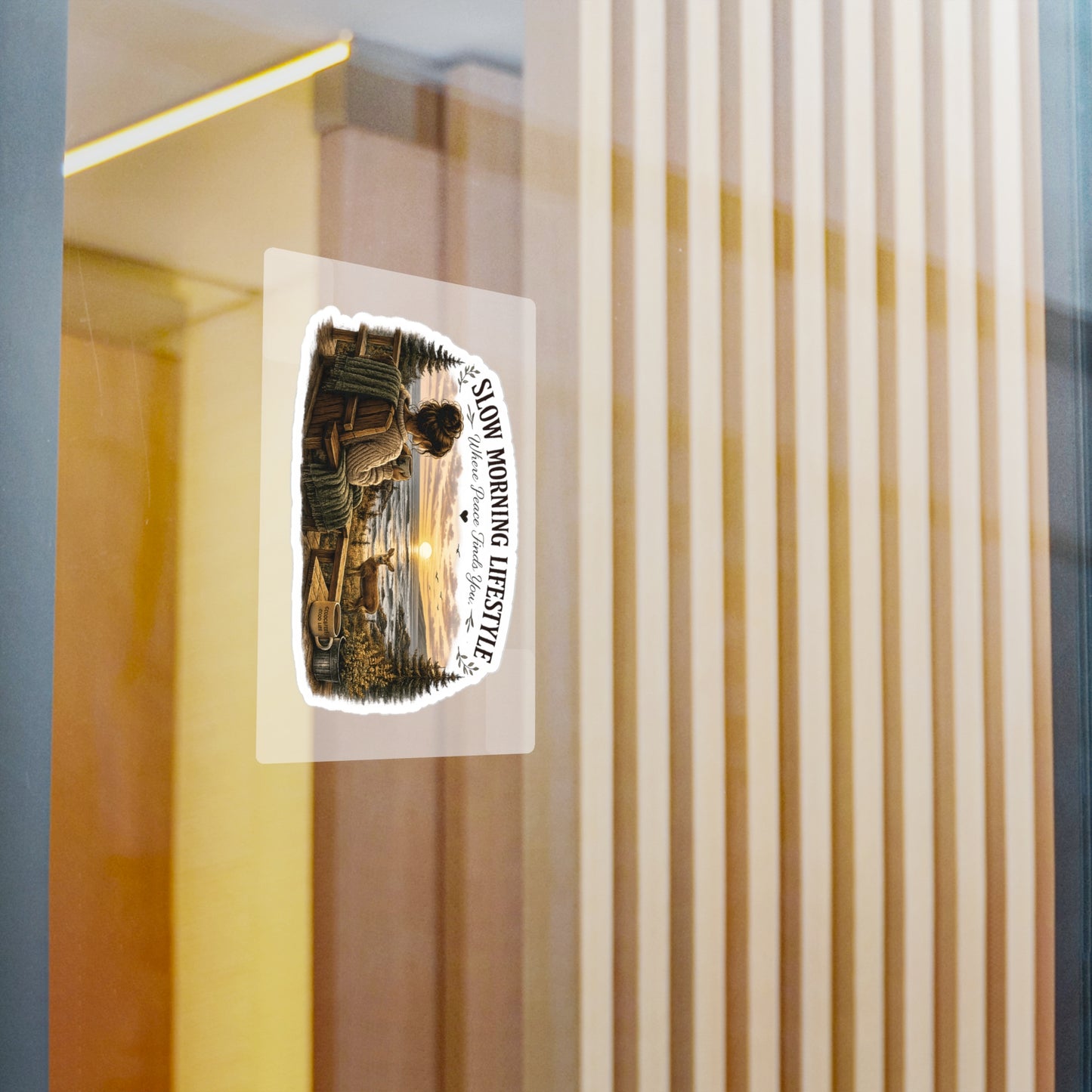 Slow Morning Lifestyle Vinyl Sticker | Coffee Lover Nature Vinyl Sticker | Where Peace Finds You Vinyl Sticker | Coastal Sunrise & Deer Design