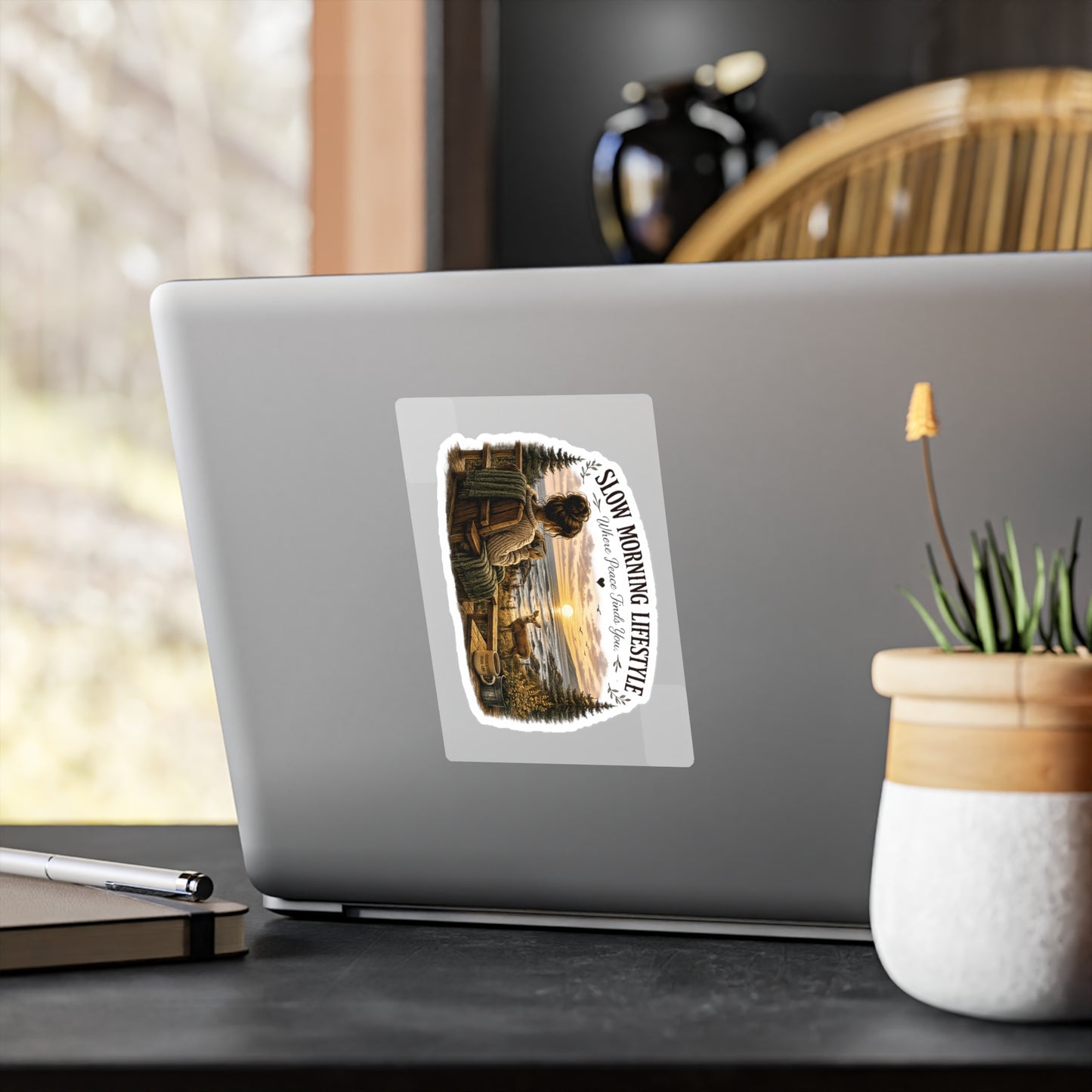 Slow Morning Lifestyle Vinyl Sticker | Coffee Lover Nature Vinyl Sticker | Where Peace Finds You Vinyl Sticker | Coastal Sunrise & Deer Design