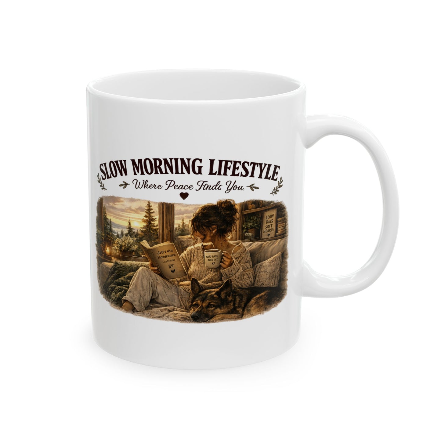 Slow Morning Lifestyle Mug | Book Lover & German Shepherd Mug | Cozy Reading and Coffee Mug