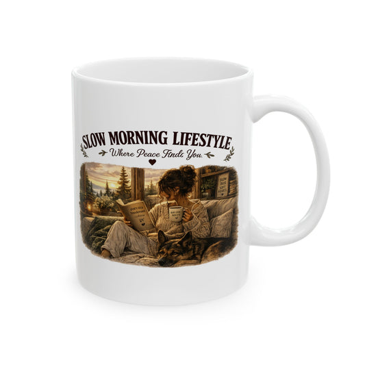 Slow Morning Lifestyle Mug | Book Lover & German Shepherd Mug | Cozy Reading and Coffee Mug