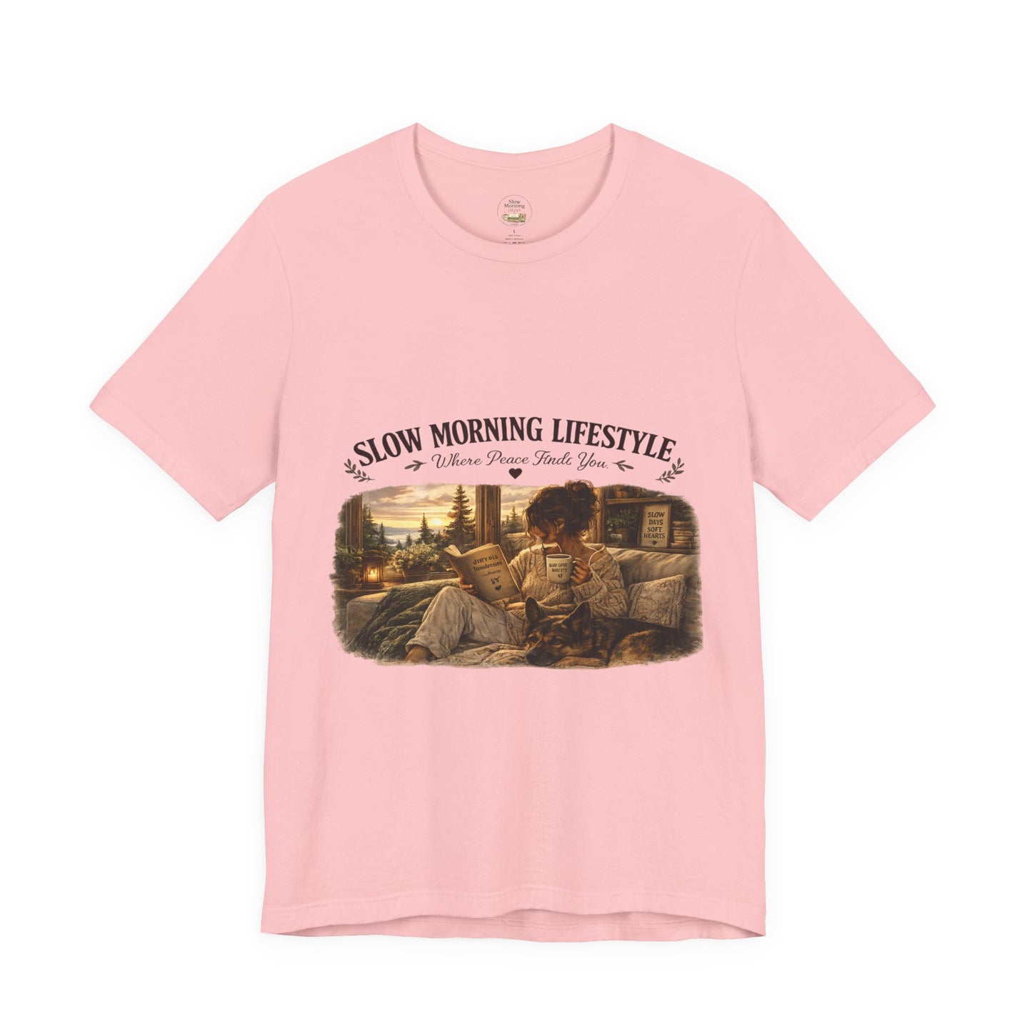 Slow Morning Lifestyle T-Shirt | Book Lover & German Shepherd T-Shirt | Cozy Reading and Coffee Graphic Tee