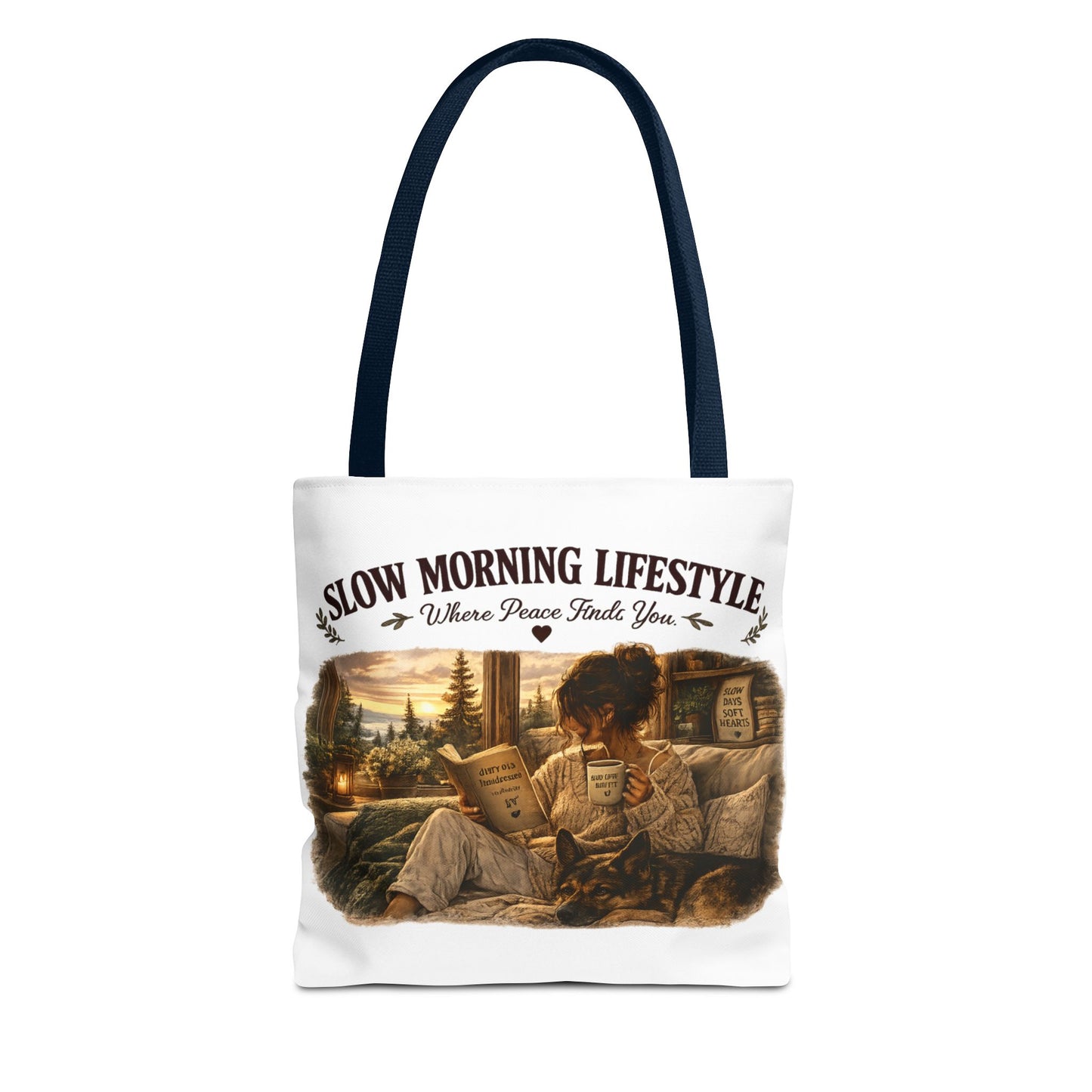 Slow Morning Lifestyle Canvas Tote | Book Lover & German Shepherd Canvas Tote | Cozy Reading and Coffee Canvas Tote