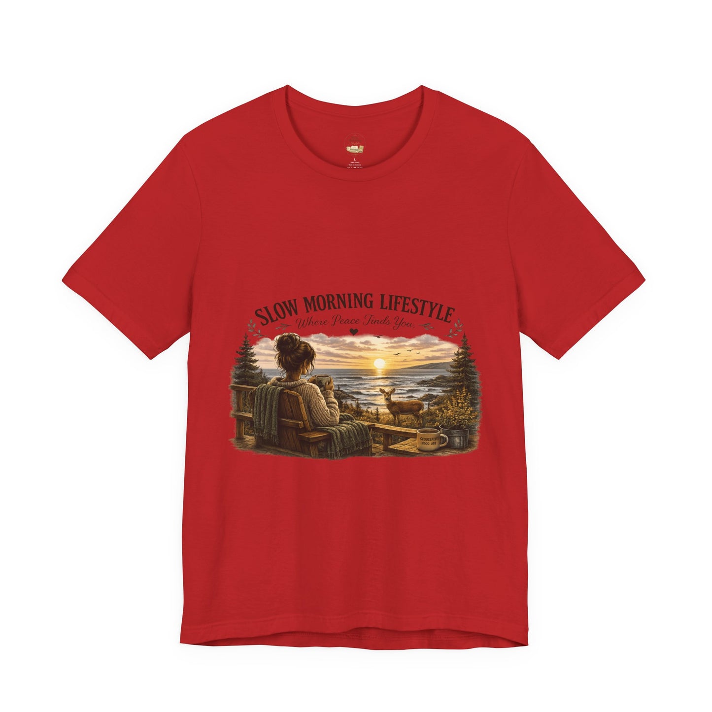 Slow Morning Lifestyle T-Shirt | Coffee Lover Nature T-Shirt | Where Peace Finds You Graphic Tee | Coastal Sunrise & Deer Design
