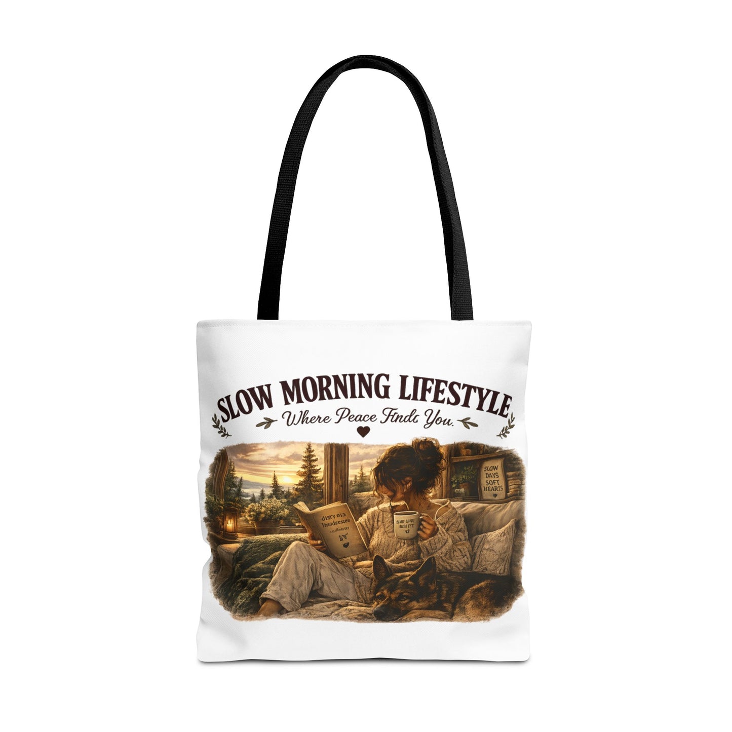 Slow Morning Lifestyle Canvas Tote | Book Lover & German Shepherd Canvas Tote | Cozy Reading and Coffee Canvas Tote
