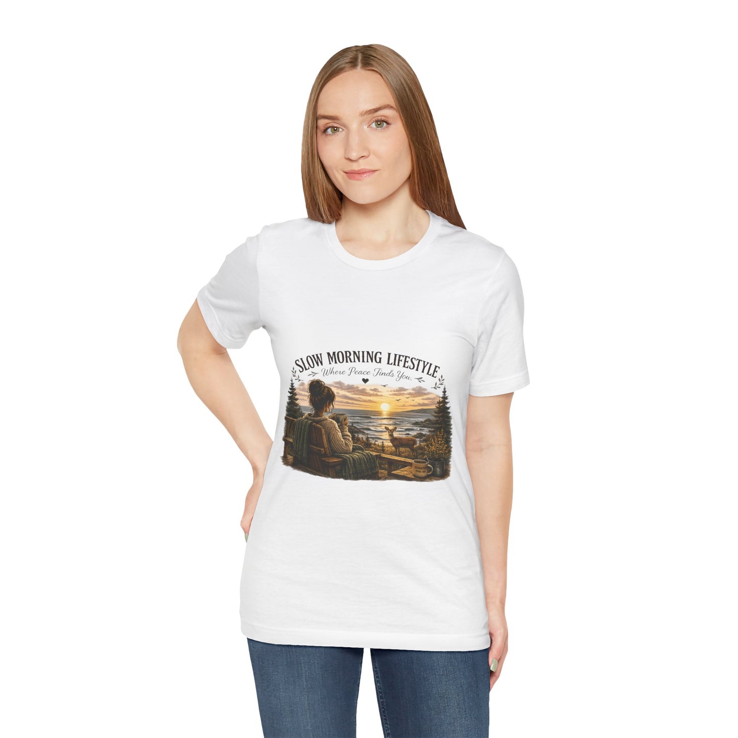 Slow Morning Lifestyle T-Shirt | Coffee Lover Nature T-Shirt | Where Peace Finds You Graphic Tee | Coastal Sunrise & Deer Design