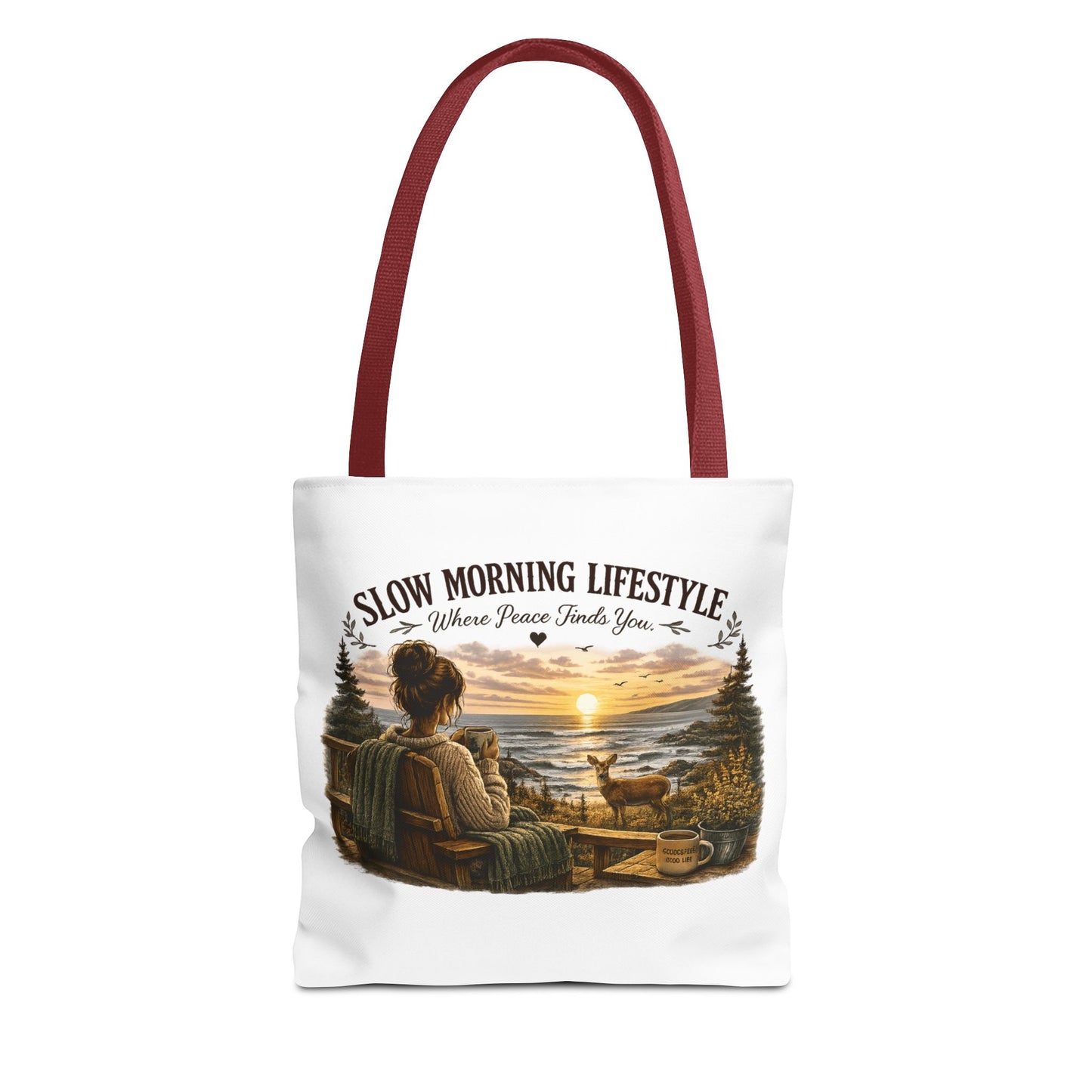Slow Morning Lifestyle Canvas Tote | Coffee Lover Nature Canvas Tote | Where Peace Finds You Canvas Tote | Coastal Sunrise & Deer Design