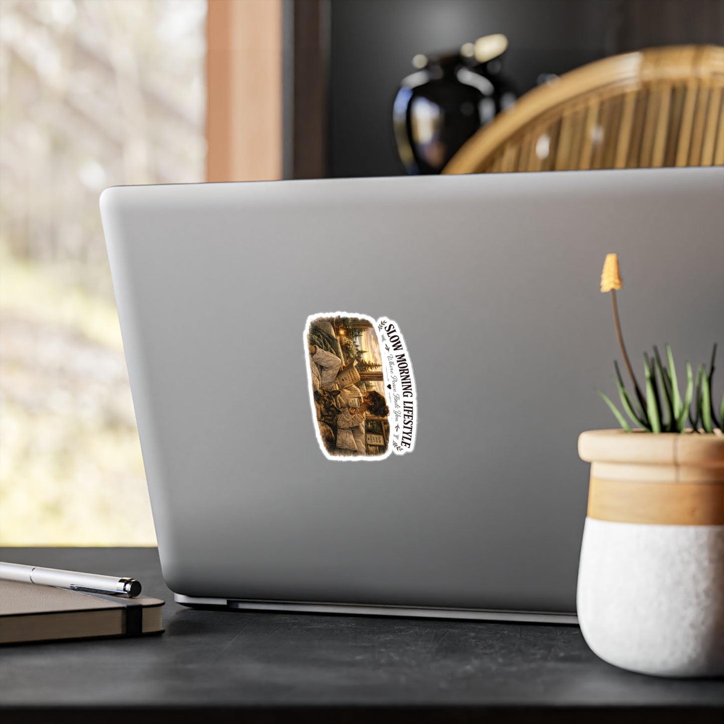 Slow Morning Lifestyle Vinyl Sticker | Book Lover & German Shepherd Vinyl Sticker | Cozy Reading and Coffee Vinyl Sticker