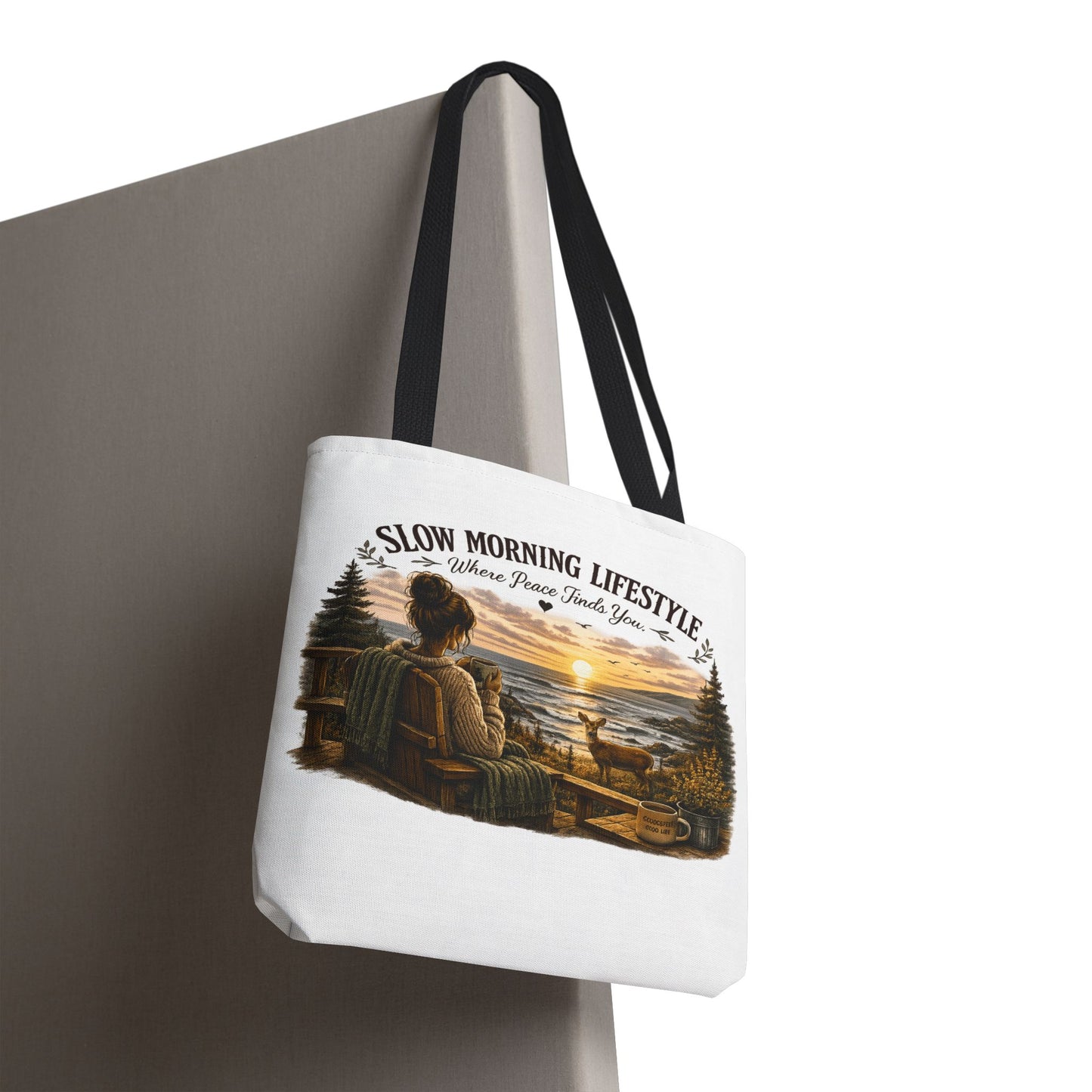 Slow Morning Lifestyle Canvas Tote | Coffee Lover Nature Canvas Tote | Where Peace Finds You Canvas Tote | Coastal Sunrise & Deer Design