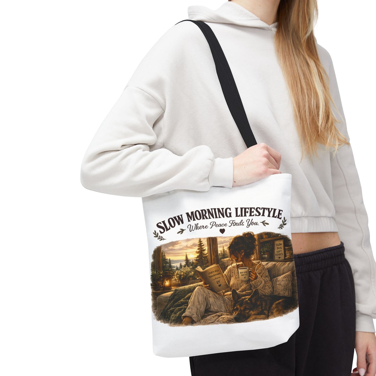 Slow Morning Lifestyle Canvas Tote | Book Lover & German Shepherd Canvas Tote | Cozy Reading and Coffee Canvas Tote