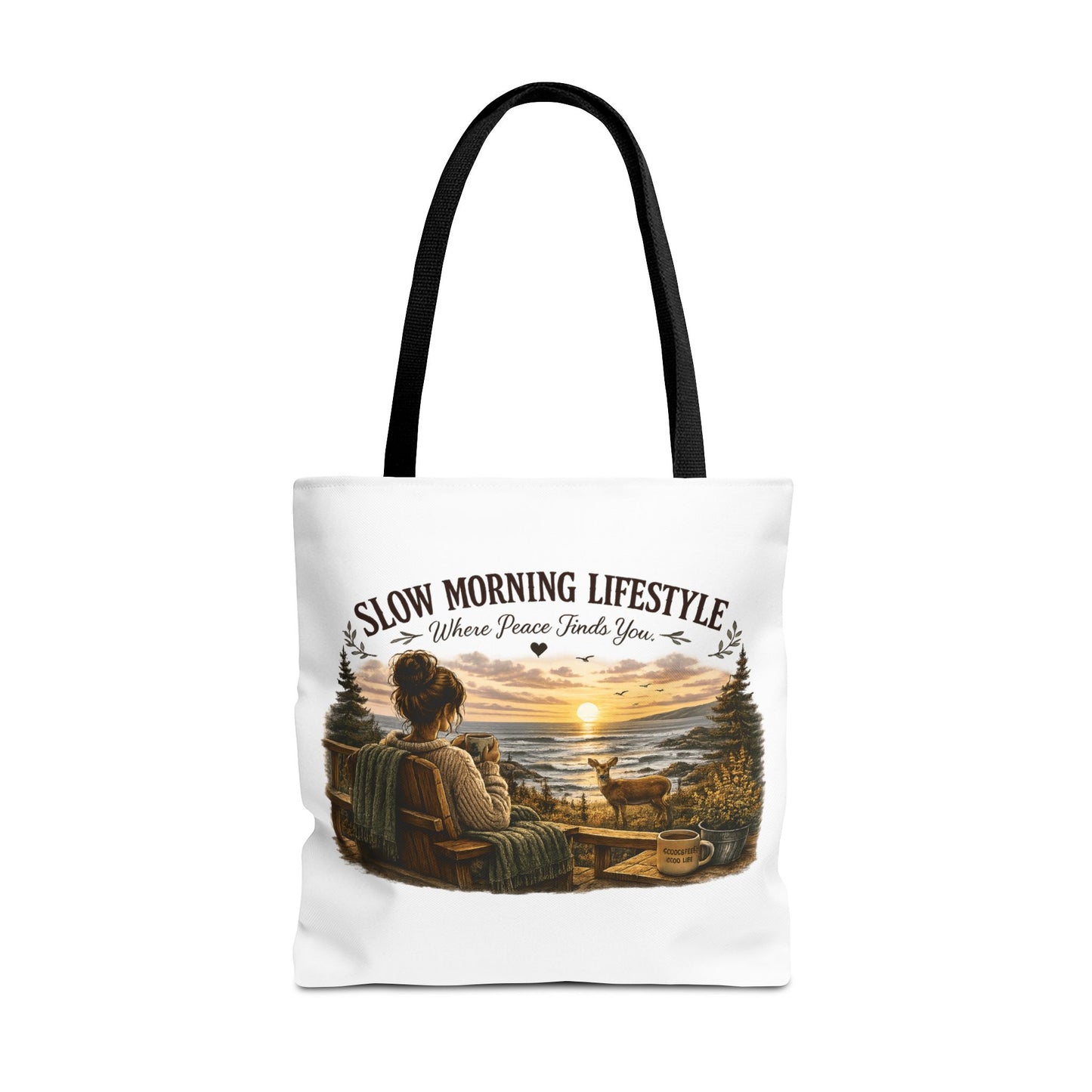 Slow Morning Lifestyle Canvas Tote | Coffee Lover Nature Canvas Tote | Where Peace Finds You Canvas Tote | Coastal Sunrise & Deer Design