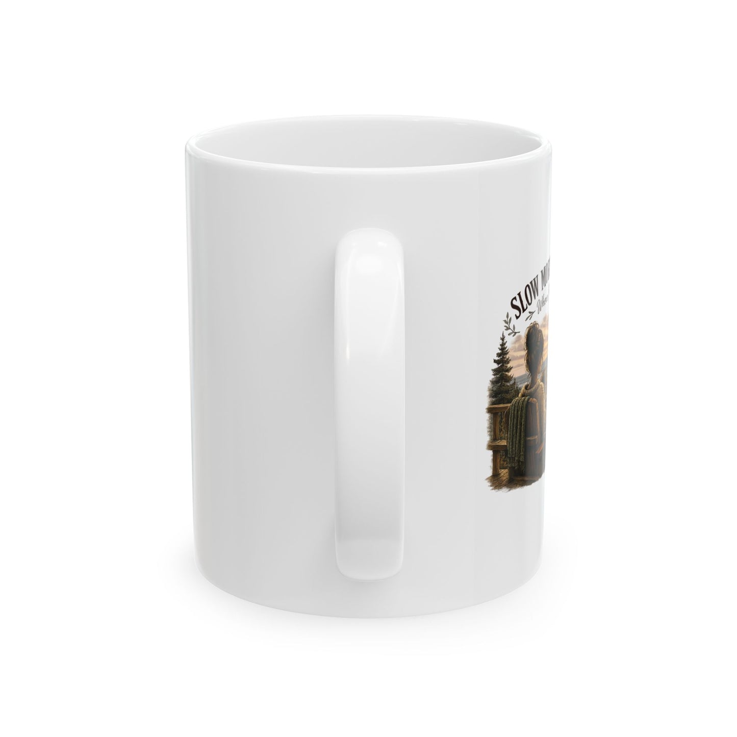 Slow Morning Lifestyle Mug| Coffee Lover Nature Mug | Where Peace Finds You Mug | Coastal Sunrise & Deer Design