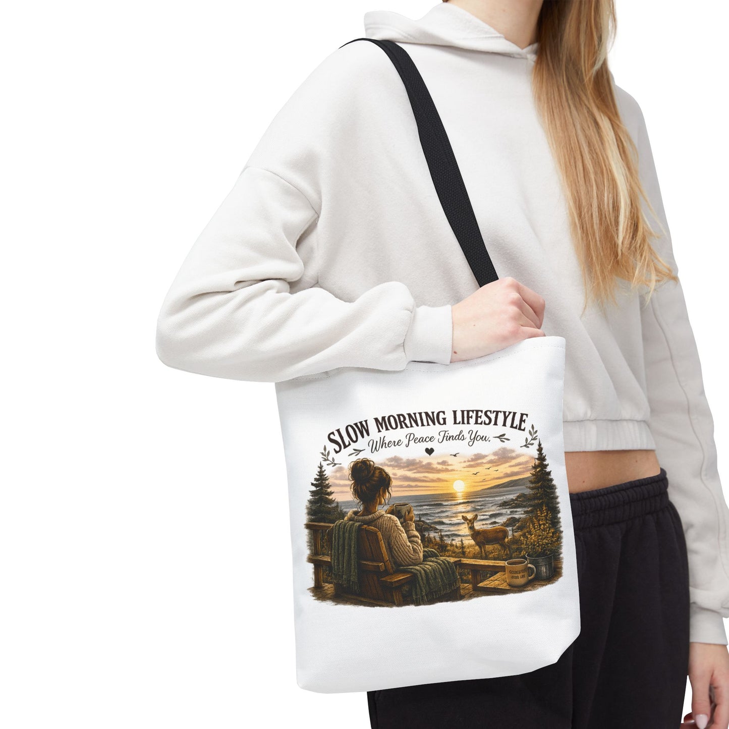 Slow Morning Lifestyle Canvas Tote | Coffee Lover Nature Canvas Tote | Where Peace Finds You Canvas Tote | Coastal Sunrise & Deer Design