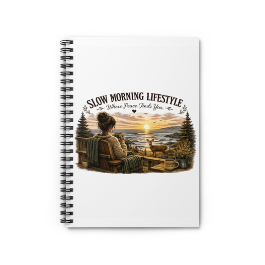 Slow Morning Lifestyle Ruled Spiral Journal | Coffee Lover Nature Ruled Spiral Journal | Where Peace Finds You Ruled Spiral Journal | Coastal Sunrise & Deer Design