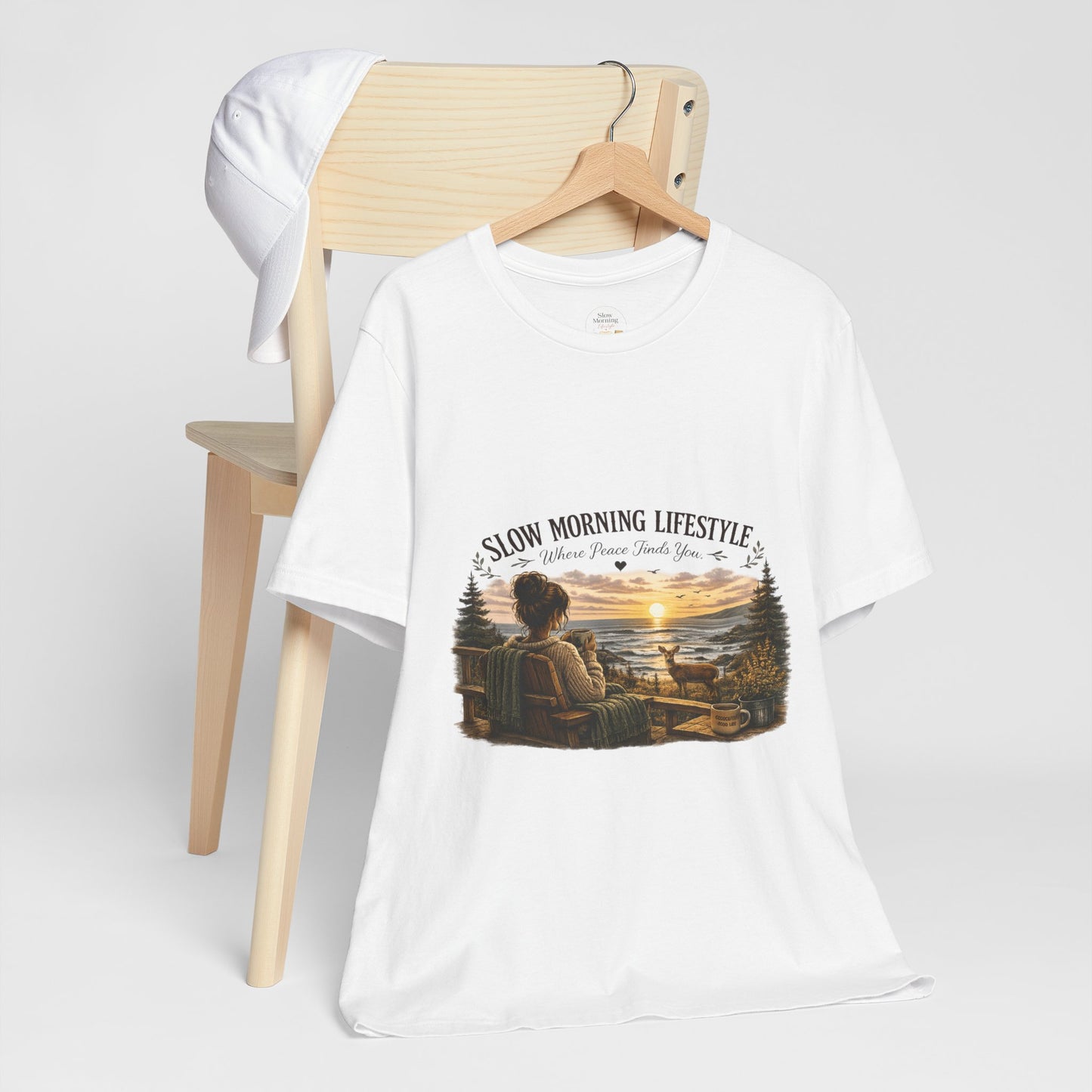 Slow Morning Lifestyle T-Shirt | Coffee Lover Nature T-Shirt | Where Peace Finds You Graphic Tee | Coastal Sunrise & Deer Design