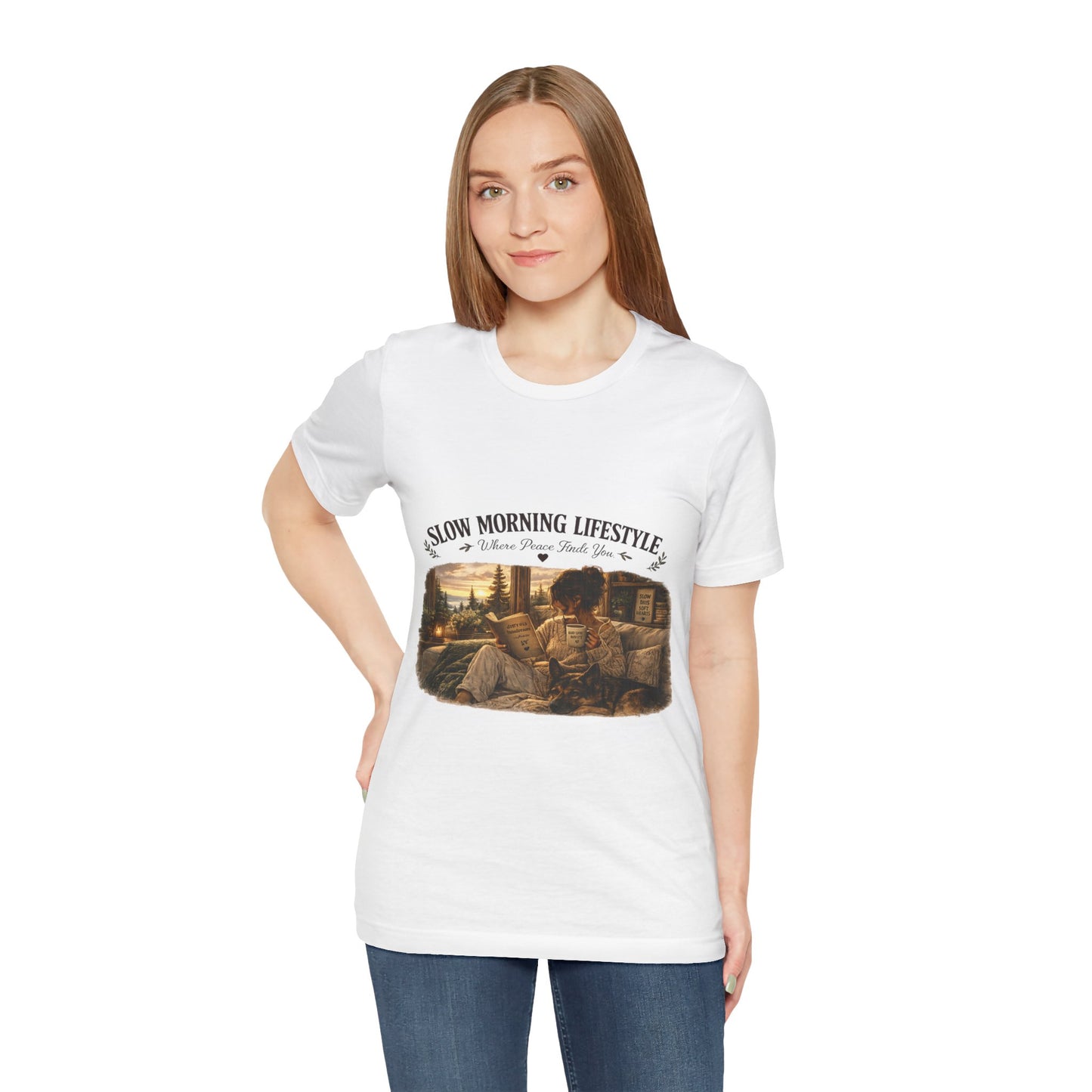 Slow Morning Lifestyle T-Shirt | Book Lover & German Shepherd T-Shirt | Cozy Reading and Coffee Graphic Tee