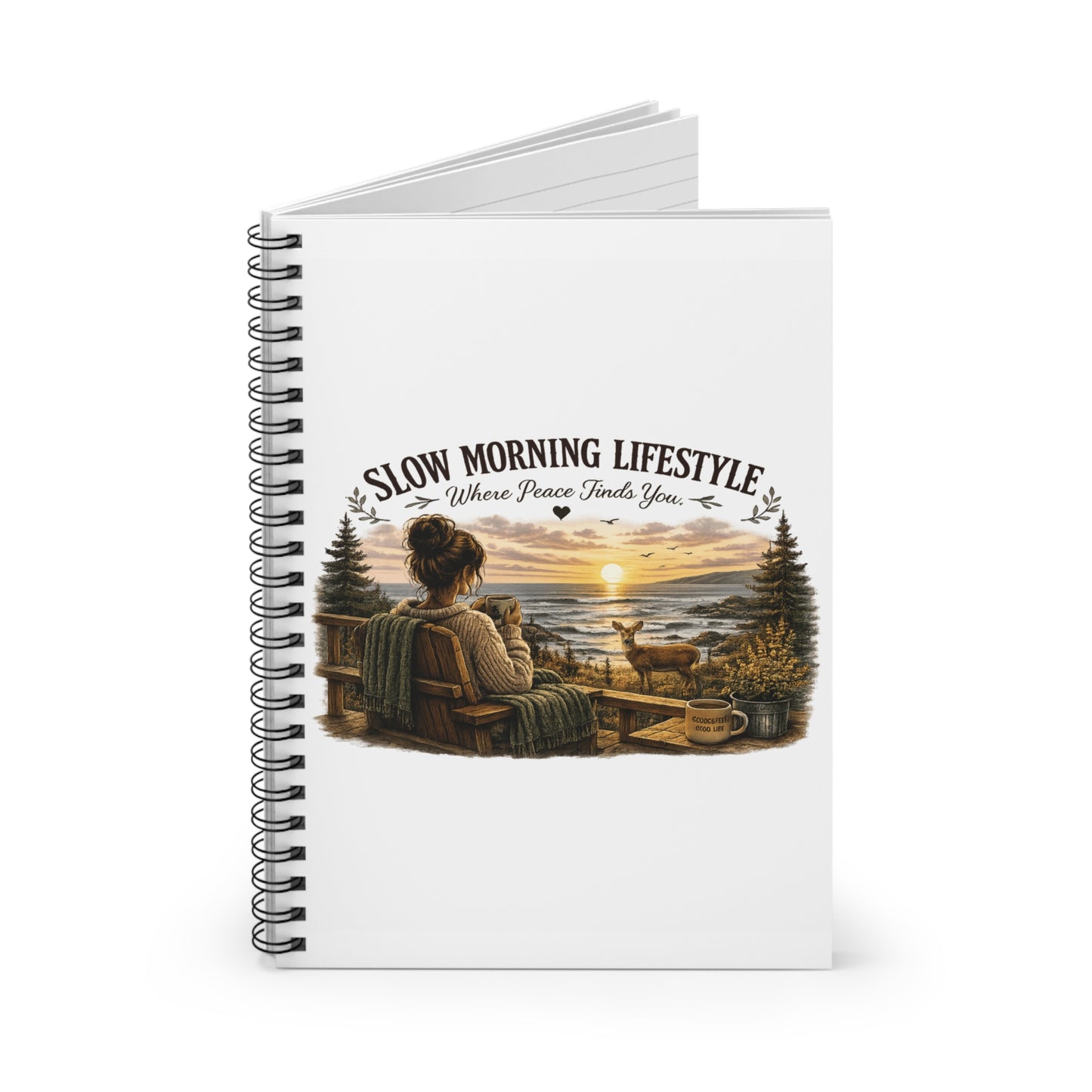 Slow Morning Lifestyle Ruled Spiral Journal | Coffee Lover Nature Ruled Spiral Journal | Where Peace Finds You Ruled Spiral Journal | Coastal Sunrise & Deer Design