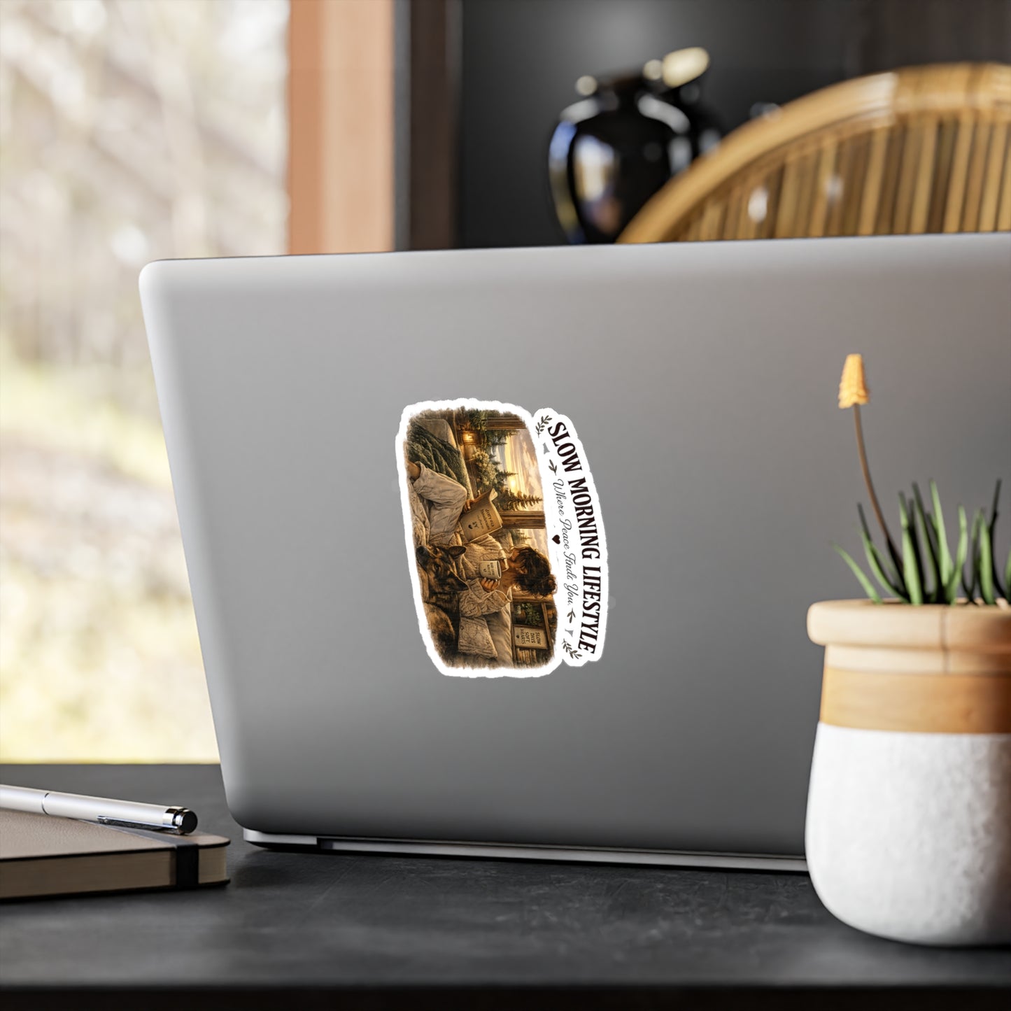Slow Morning Lifestyle Vinyl Sticker | Book Lover & German Shepherd Vinyl Sticker | Cozy Reading and Coffee Vinyl Sticker